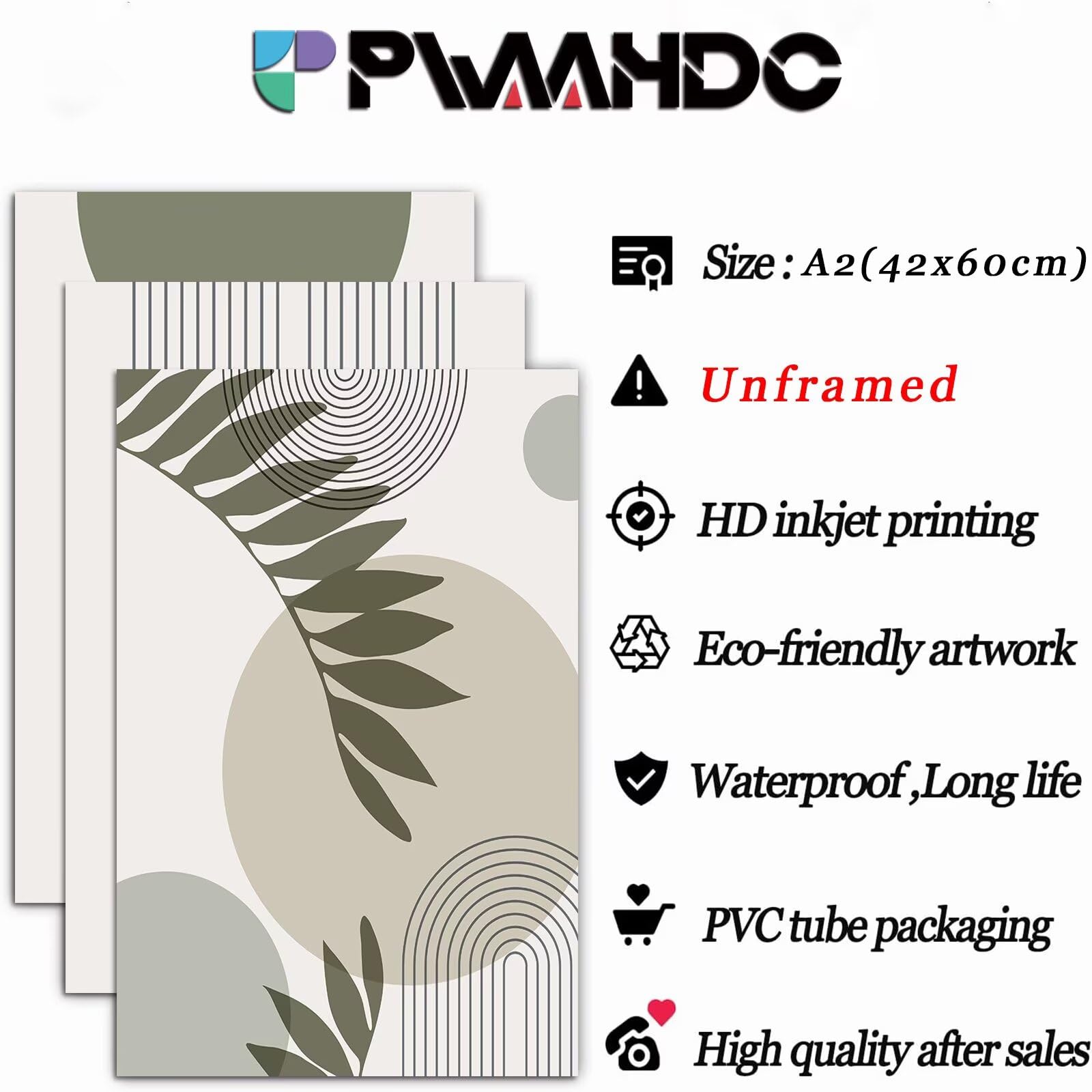 PWAAHDC Sage Green Prints Set of 3 - Boho Pictures for Living Room and Bedroom Decor, Modern Canvas Wall Art posters (Unframed A2) — view 2
