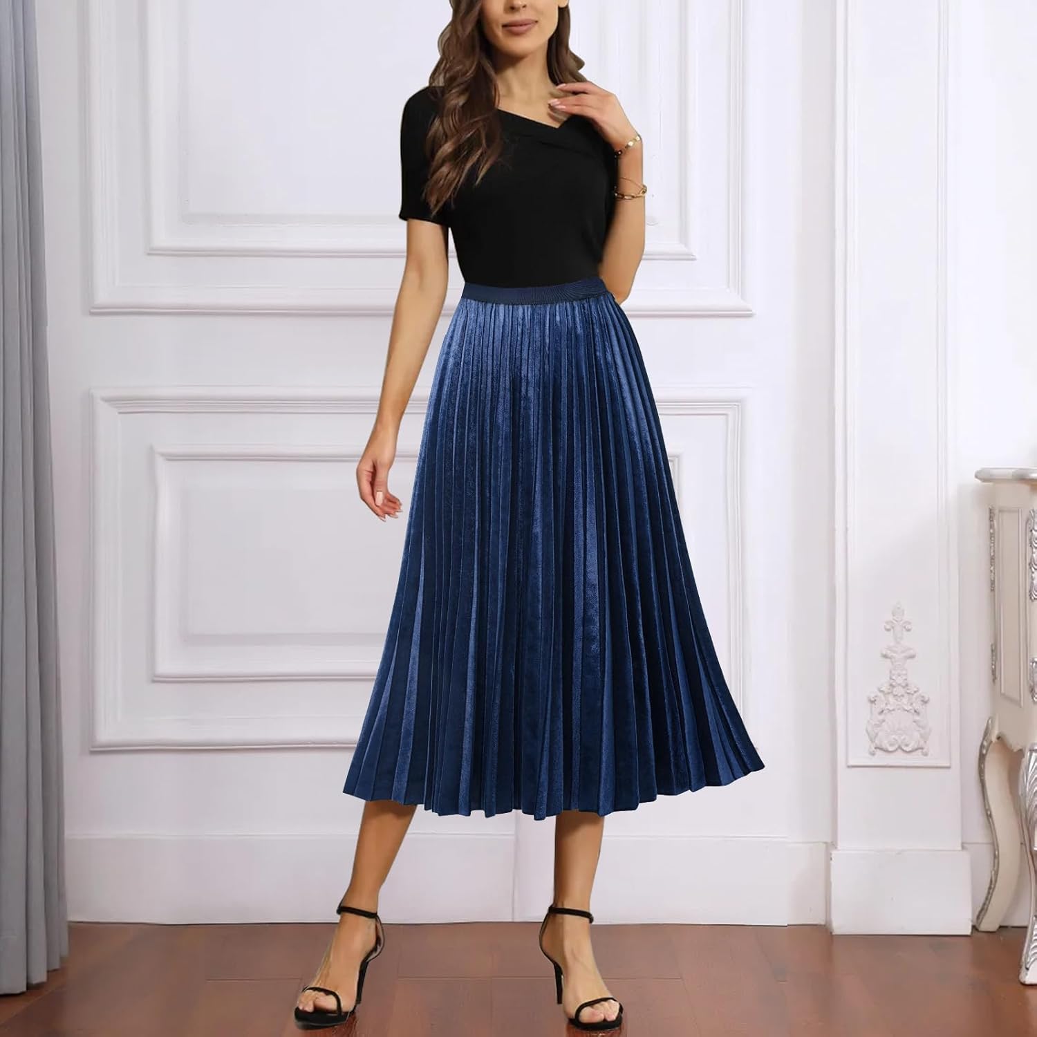 GOOBGS Women's Pleated A-Line High Waist Swing Flare Midi Skirt - Image 2