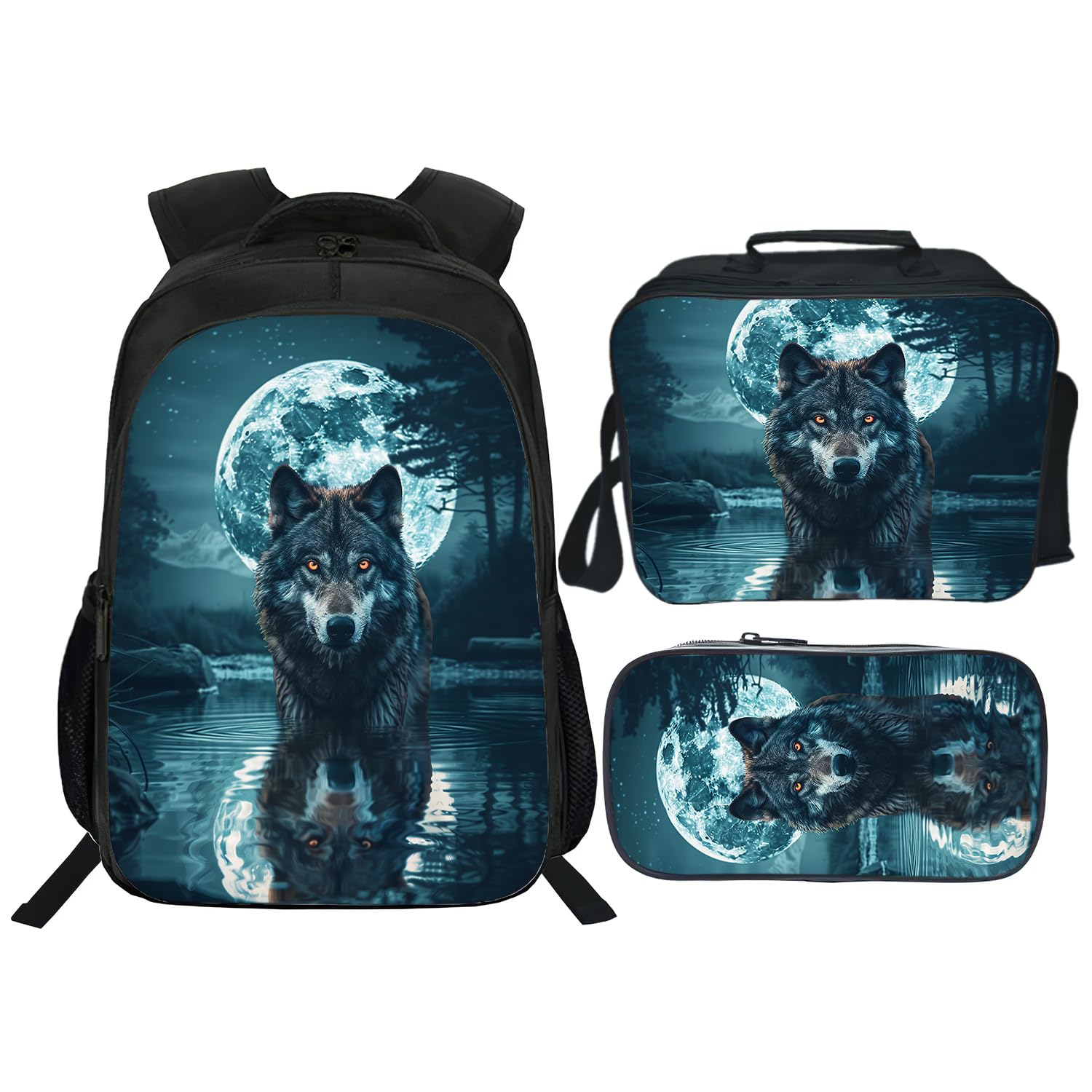 Klymax Wolf Backpack Animals Kids Schoolbag with Lunch Box Bag Pencil Bag 3pcs Bookbag Sets for Boys Girls