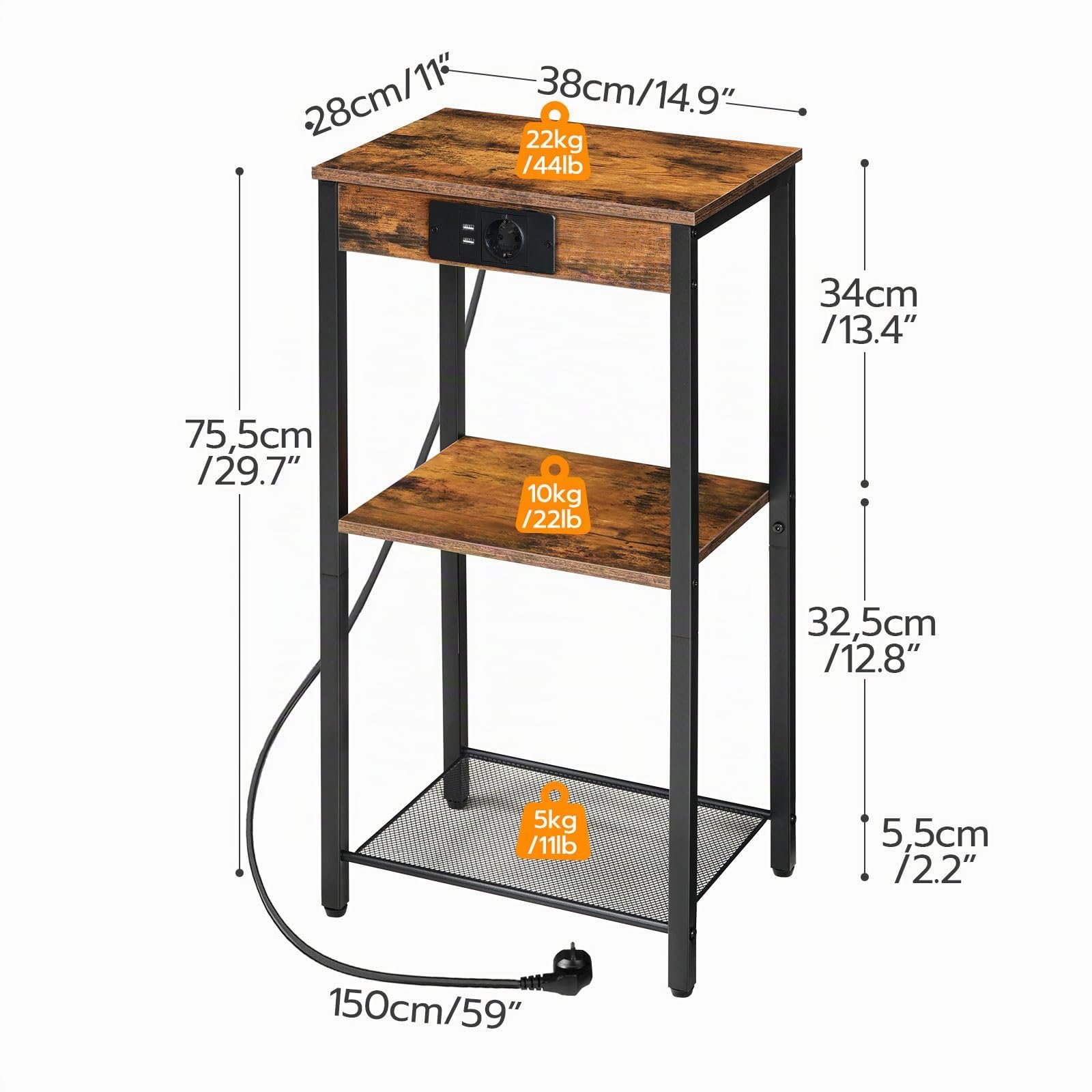HOOBRO Mesa de Centro Alta con Base de Carga, Mesita Auxiliar de 75,5 cm, Mesa de Teléfono de 3 Estantes, Mesita de Entrada, Mesilla Alta de Noche, para Salón, Dormitorio, Marrón Vintage EBF09CDH01