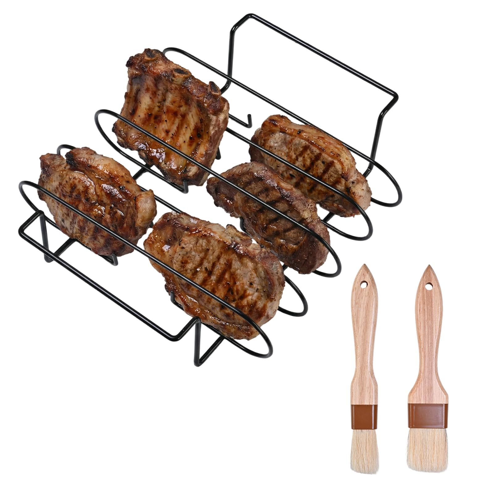 Supporto Bistecche e Costine,Cestello per BBQ Rib Rack con 2 Pennelli,Supporto per Arrosto Bistecca,Telaio Griglia Barbecue Spareribs Halter Grill,Nero