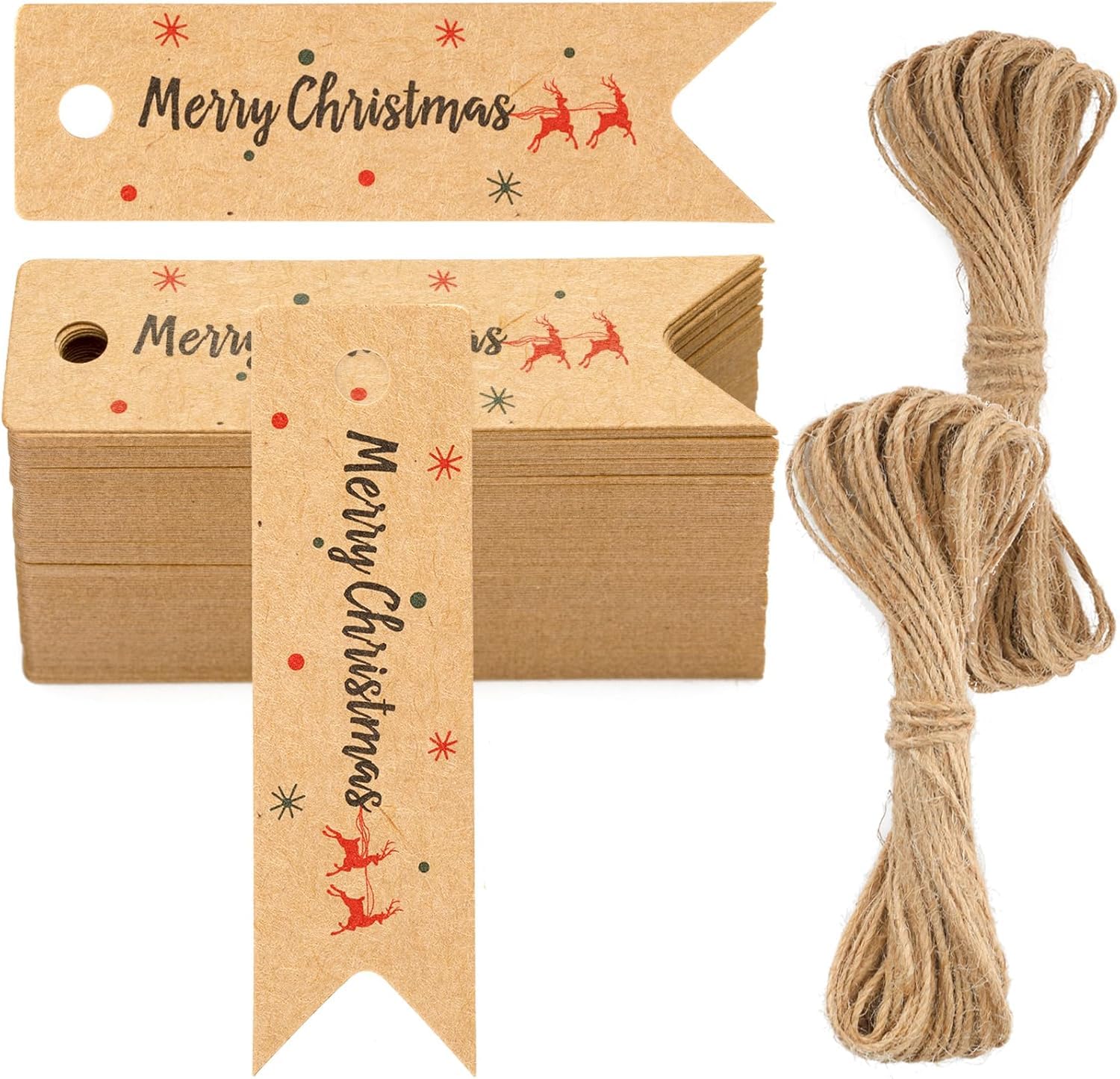 G2PLUS Small Merry Christmas Tags, 2 x7 cm Brown Christmas Lables for Pesents, 100PCS Xmas Gift Tags with String for Gift Wrapping Decoration