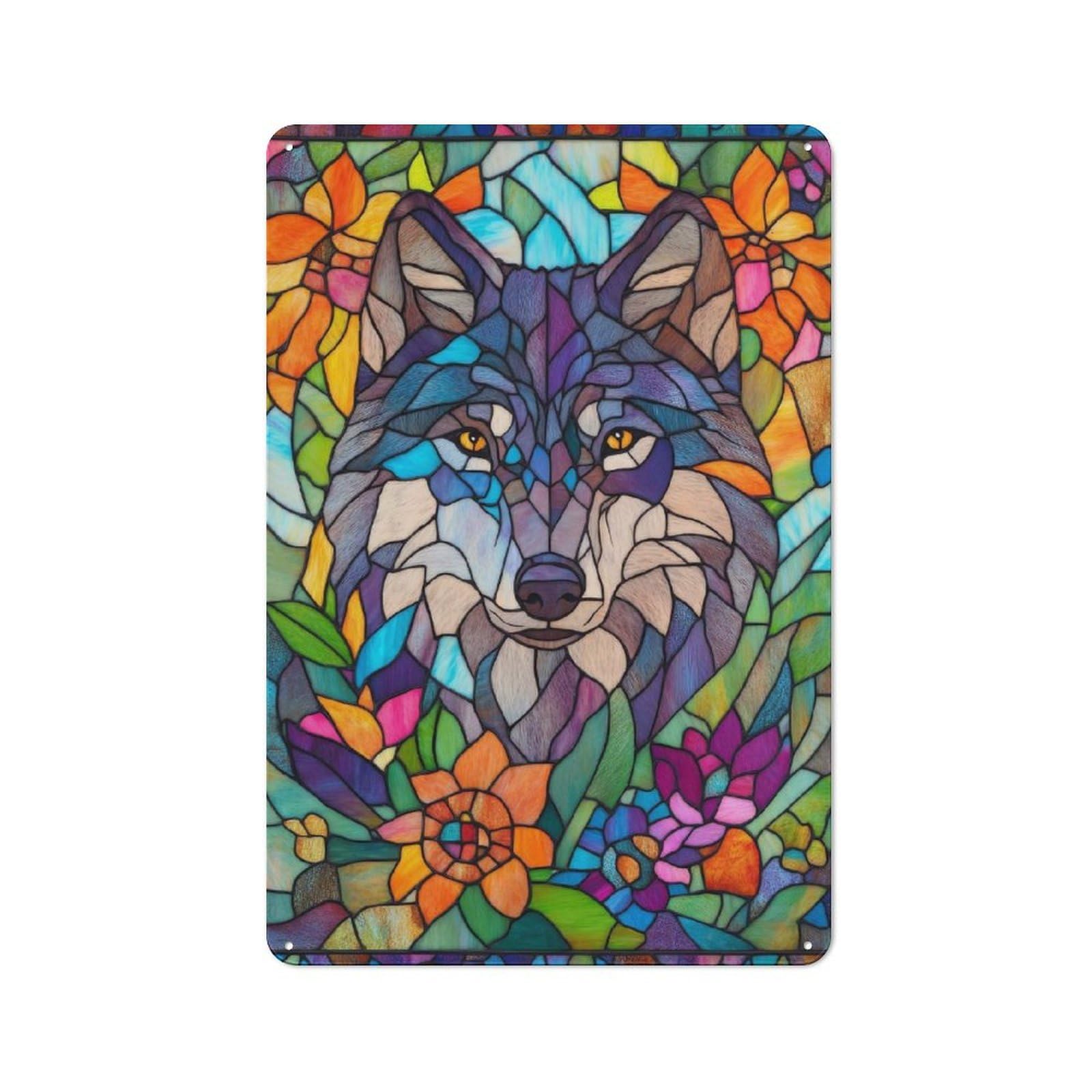 Junmoney Wolf Stained Glass Rustic Metal Sign 30X20cm For Lounge Or Reading Corner, For Reading Corner Decorators