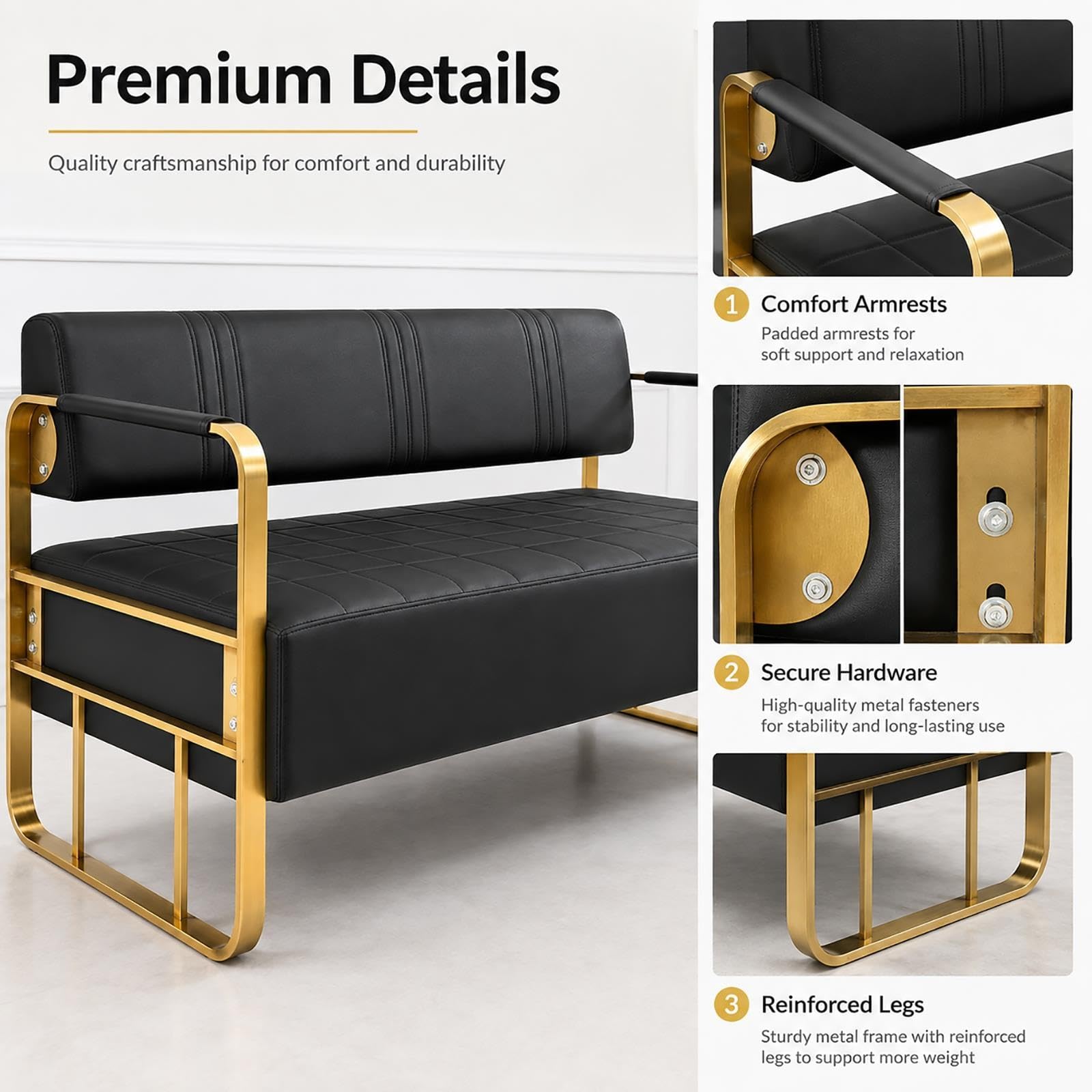 Ławka do Poczekalni z Ekoskóry PU, Sofa Recepcyjna ze Złotą Metalową Ramą