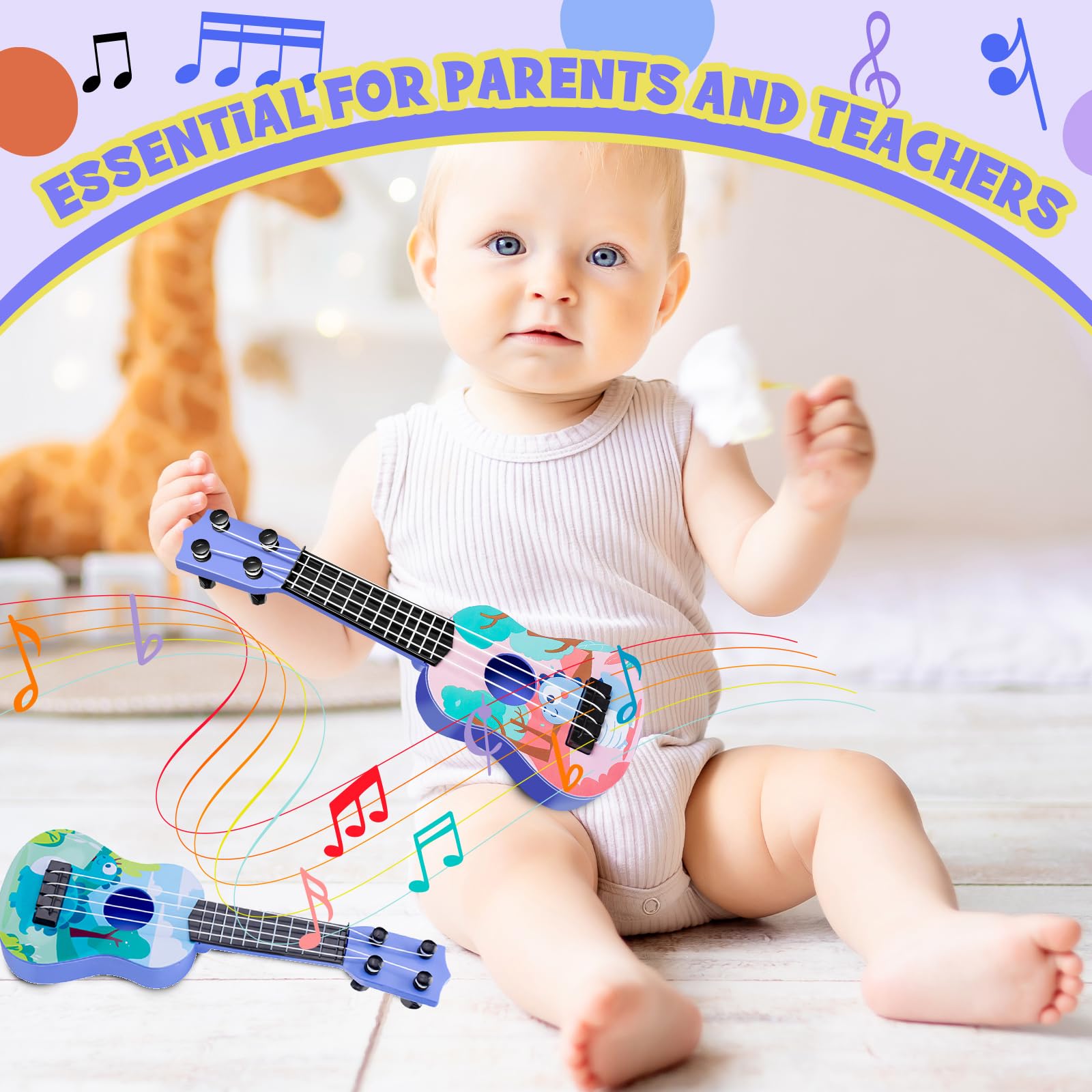 Mini guitarra de juguete musical de 10 pulgadas, ukelele clásico para niños pequeños con 2 mini armónica extra, 16 agujeros y 2 recuerdos de fiesta para niños (dinosaurio) 6