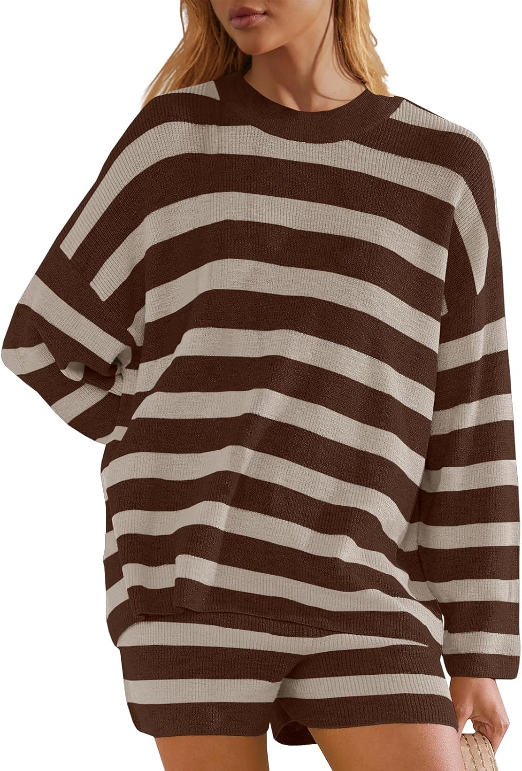 Panadila Womens Striped Sweater Set Oversized Lounge Sets Matching Pajamas Long Sleeve Sweater Top and Shorts - Image 2