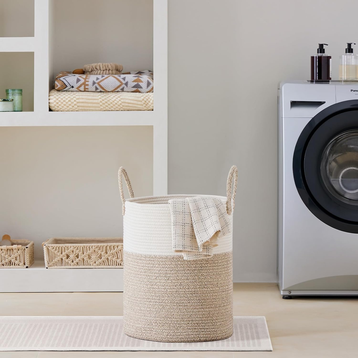 VIPOSCO Large Laundry Hamper, Tall Woven Rope Storage Basket for Blanket, Toys, Dirty Clothes in Living Room, Bathroom, Bedroom - 53L White & Brown - Image 7