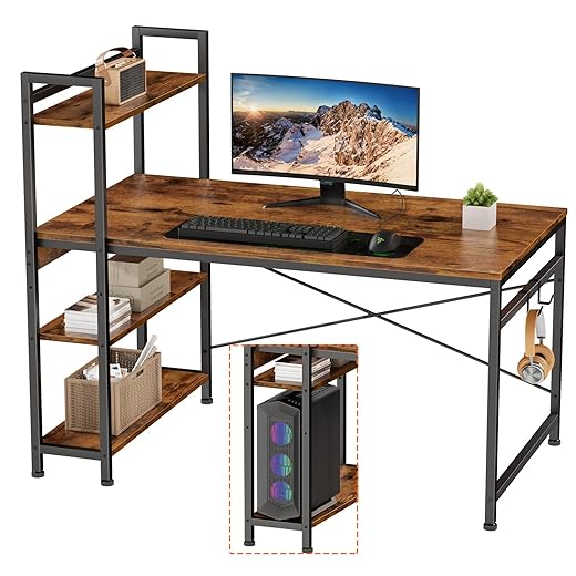Engriy Computer Desk with 4 Tier Shelves for Home Office, 47" Writing Study Table with Bookshelf and 2 Hooks, Multipurpose Industrial Wood Desk Workstation with Metal Frame for PC Laptop, Rustic Brown