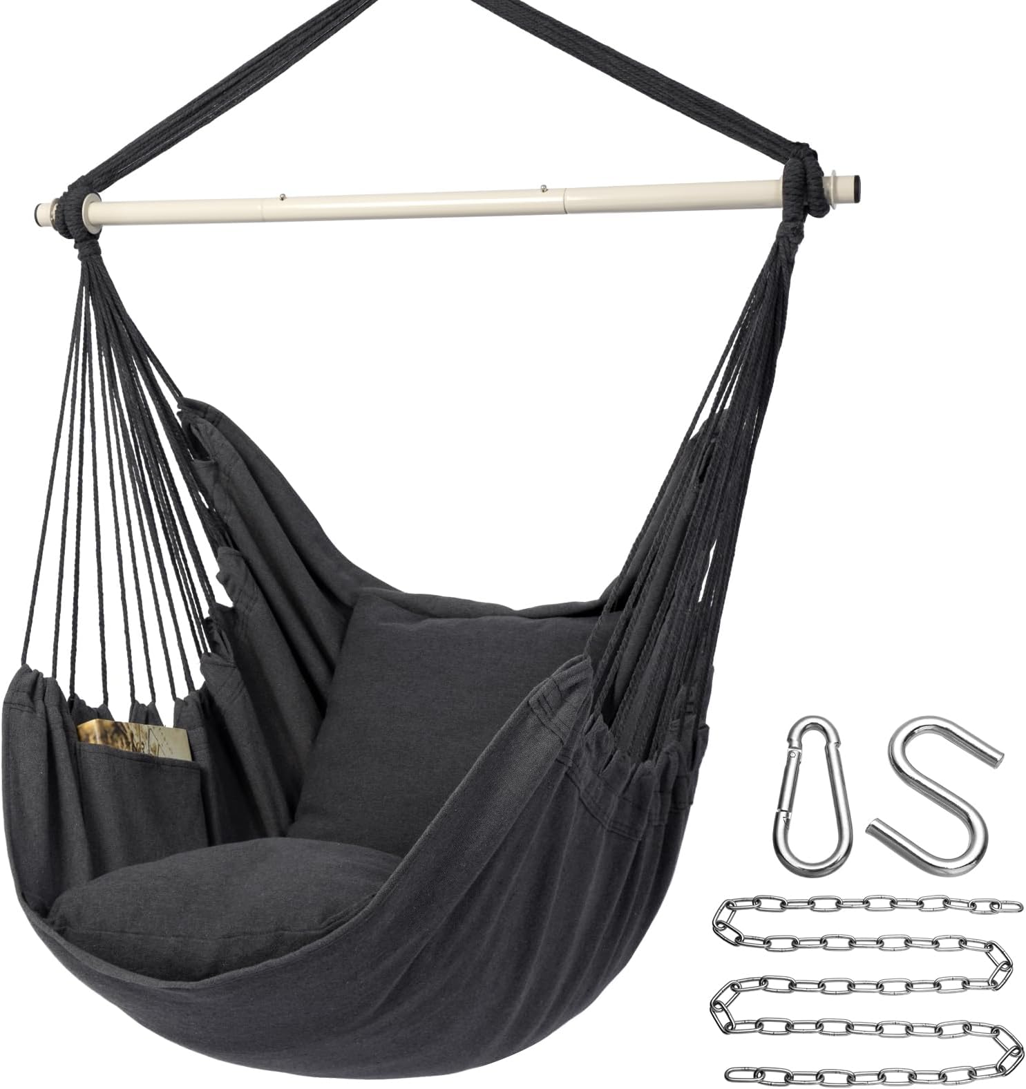 Y- STOP Hammock Chair Hanging Rope Swing Chair, Max 500 Lbs, 2 Seat Cushions Included, Removable Steel Spreader Bar with Anti-Slip Rings, Hardware kit-for Indoor Outdoor(Dark Grey) pcs