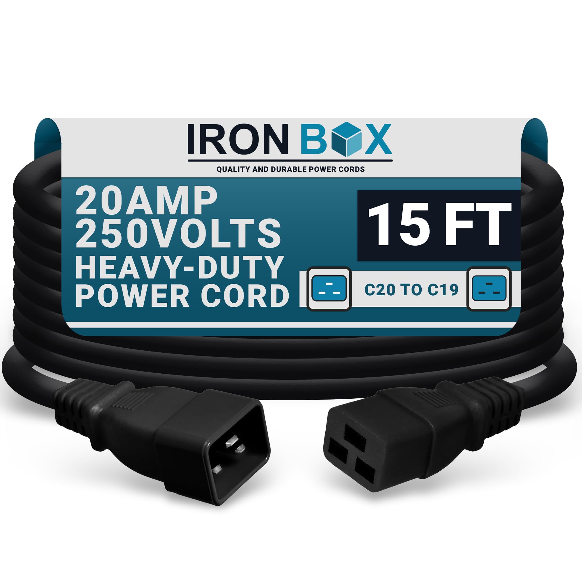 IronBox Electric - Heavy-Duty C20 to C19 Power Cord - 20A/250V Rated, 12/3 SJT IEC 60320 Equipment to PDU Cable - Male End C20 Plug/Female End C19 Connector - UL Listed Power Cable -(Black,15 Foot)