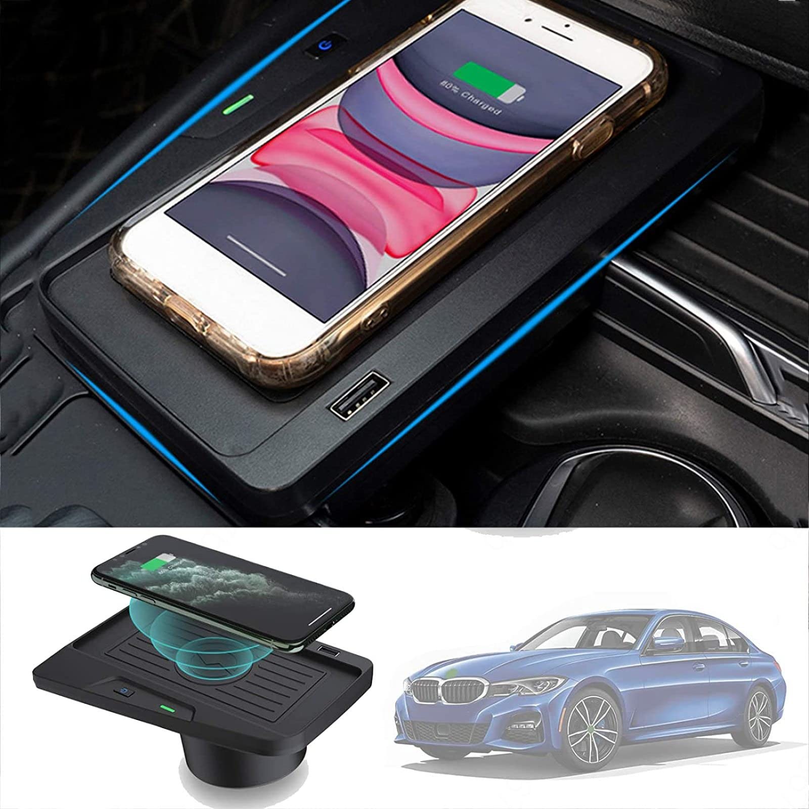 Caricabatterie wireless rapido per auto, per BM Serie 3 2016-2018/BM 4 Serie 2018-2020 Pannello accessori console centrale Pad di ricarica wireless a induzione rapida da 10 W per 11 Max XS XR X 8, qu