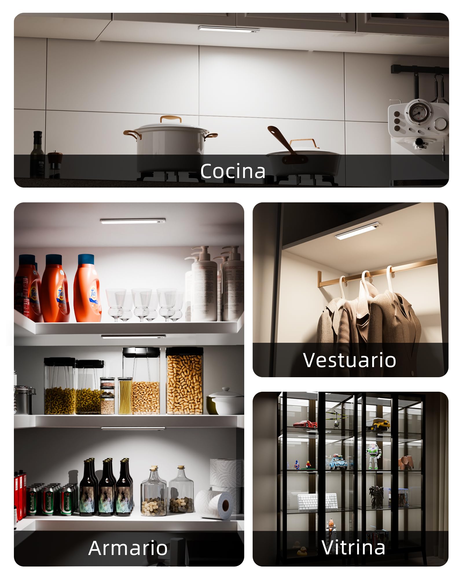 EZVALO 23 cm (5 unidades), Luz LED para armario con mando a distancia y sensor de movimiento, 1600 mAh regulable, recargable bajo mueble, 5700K, magnética ideal para armarios, escaleras, cocinas