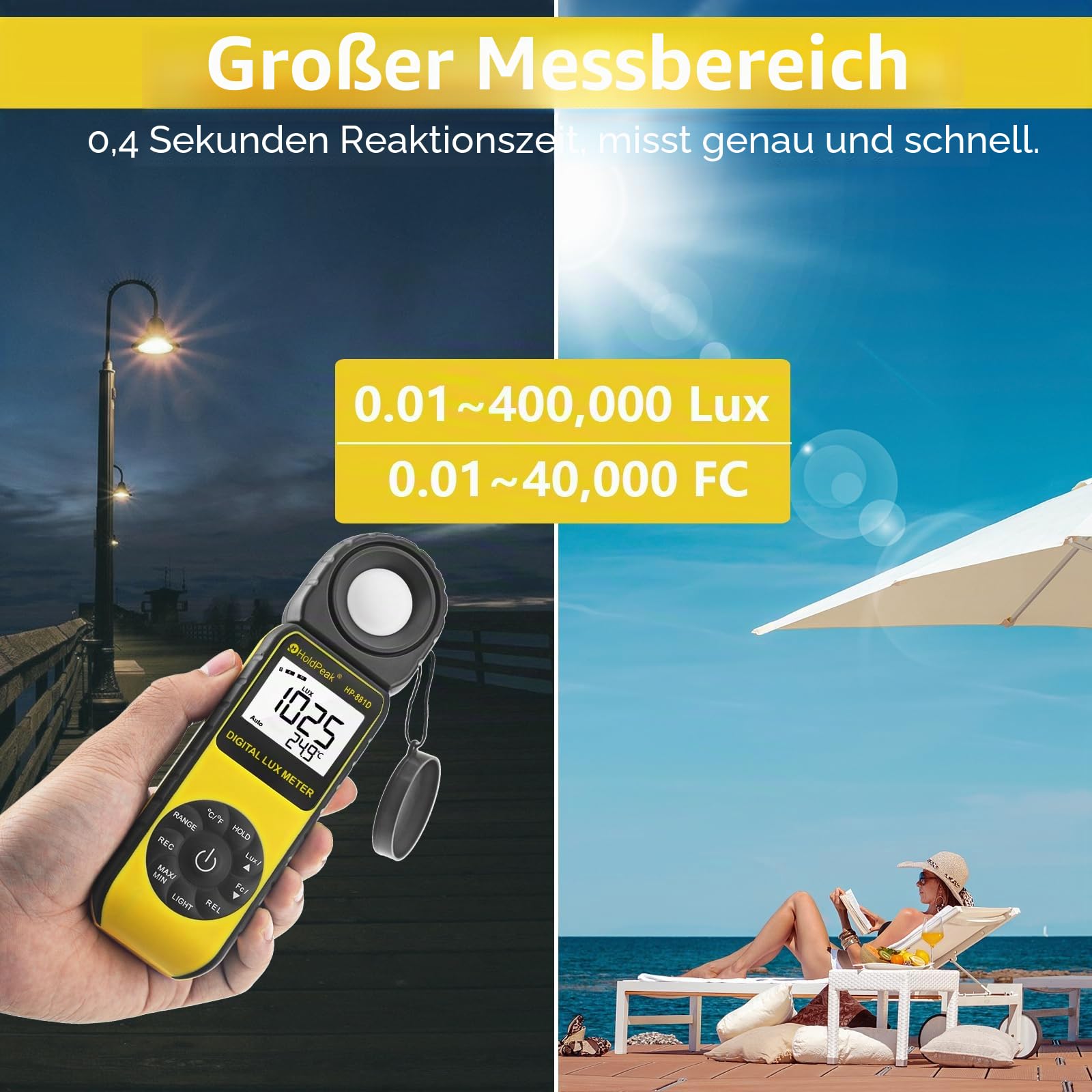 Digitales Lichtmessgerät HoldPeak 881D 0,01~400,000 Lux, Lux Messgerät 270°Drehbare Sonde mit Datenspeicherung, Lux Lichtmessgerät für Pflanzen/LED-Licht/Digitale Fotografie