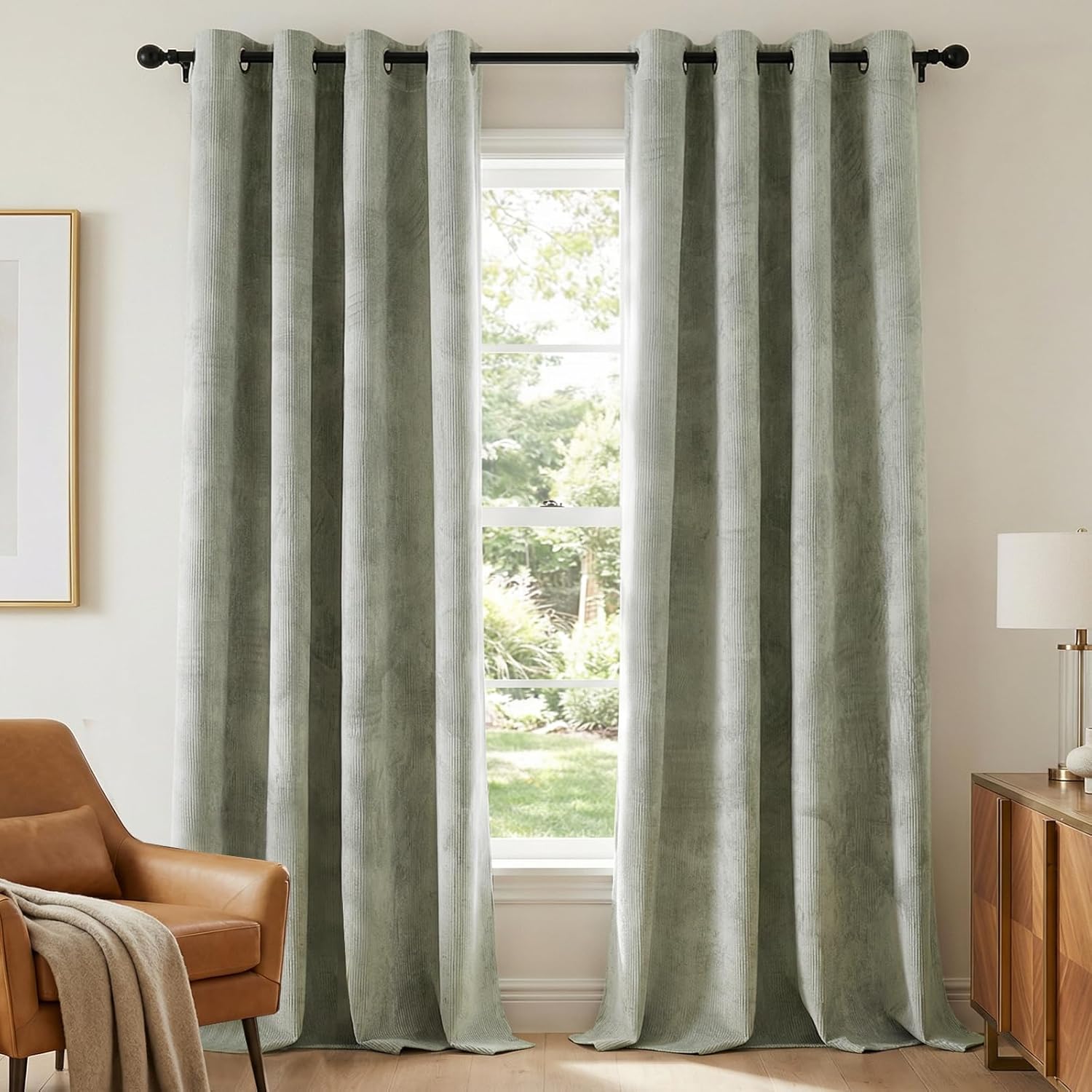 H.VERSAILTEX Velvet 100% Blackout Curtains for Living Room Full Light Blocking Curtains Thermal Insulated Room Window Drapes Soft Luxury Curtains Grommet Top 2 Panels (55" W x 108" L, Sage)