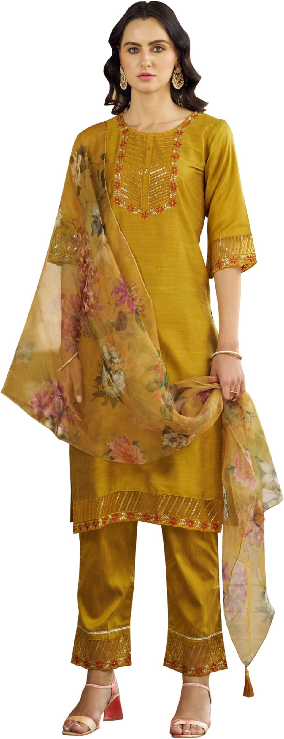 VredeVogelWomen's Cotton Silk Embroidered Kurta with Pant & Organza Dupatta Set