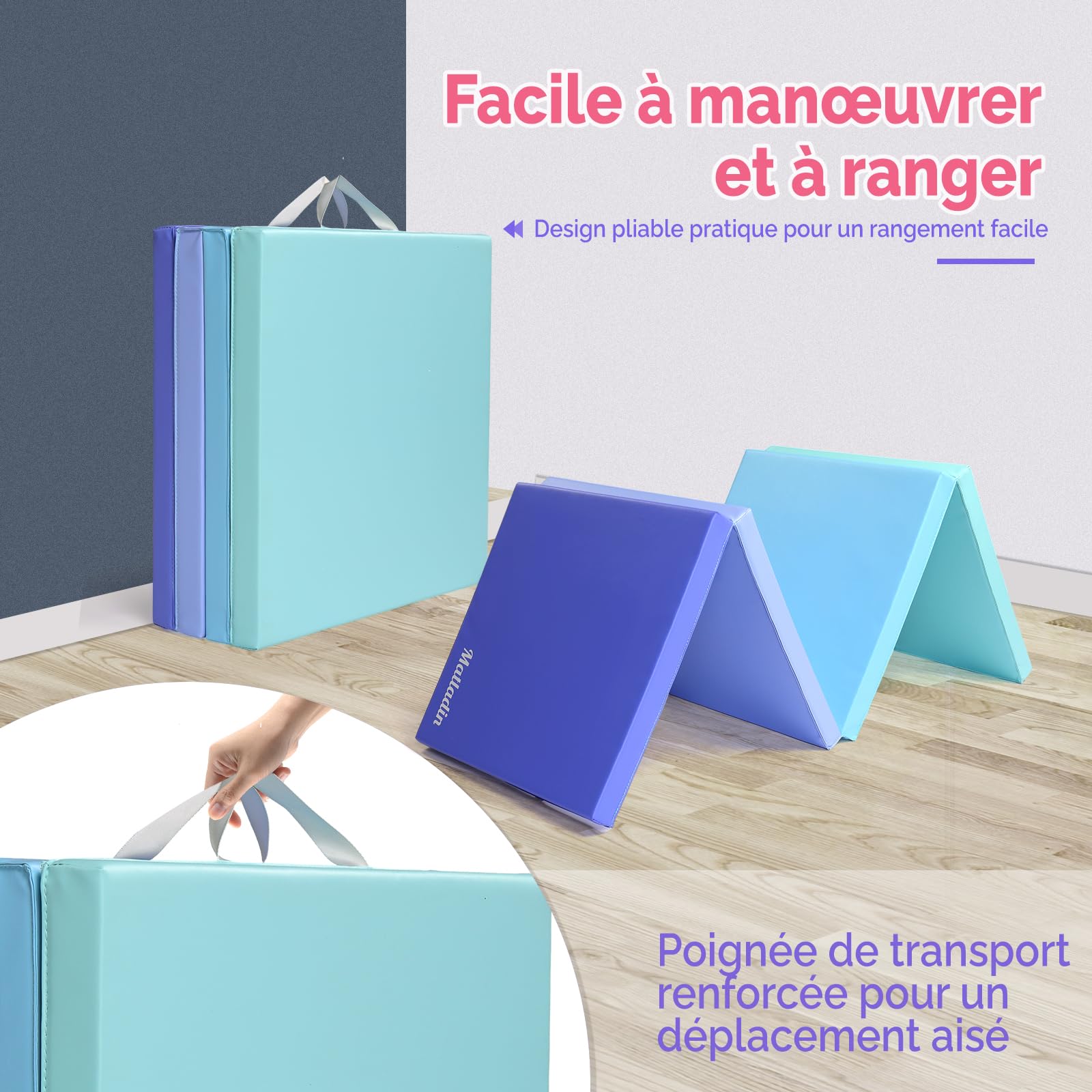Bonnlo Tapis de Gymnastique Pliable, PU + EPE Épaissi, avec Poignée de Transport, Tapis de Sol Souple pour Enfants et Adultes