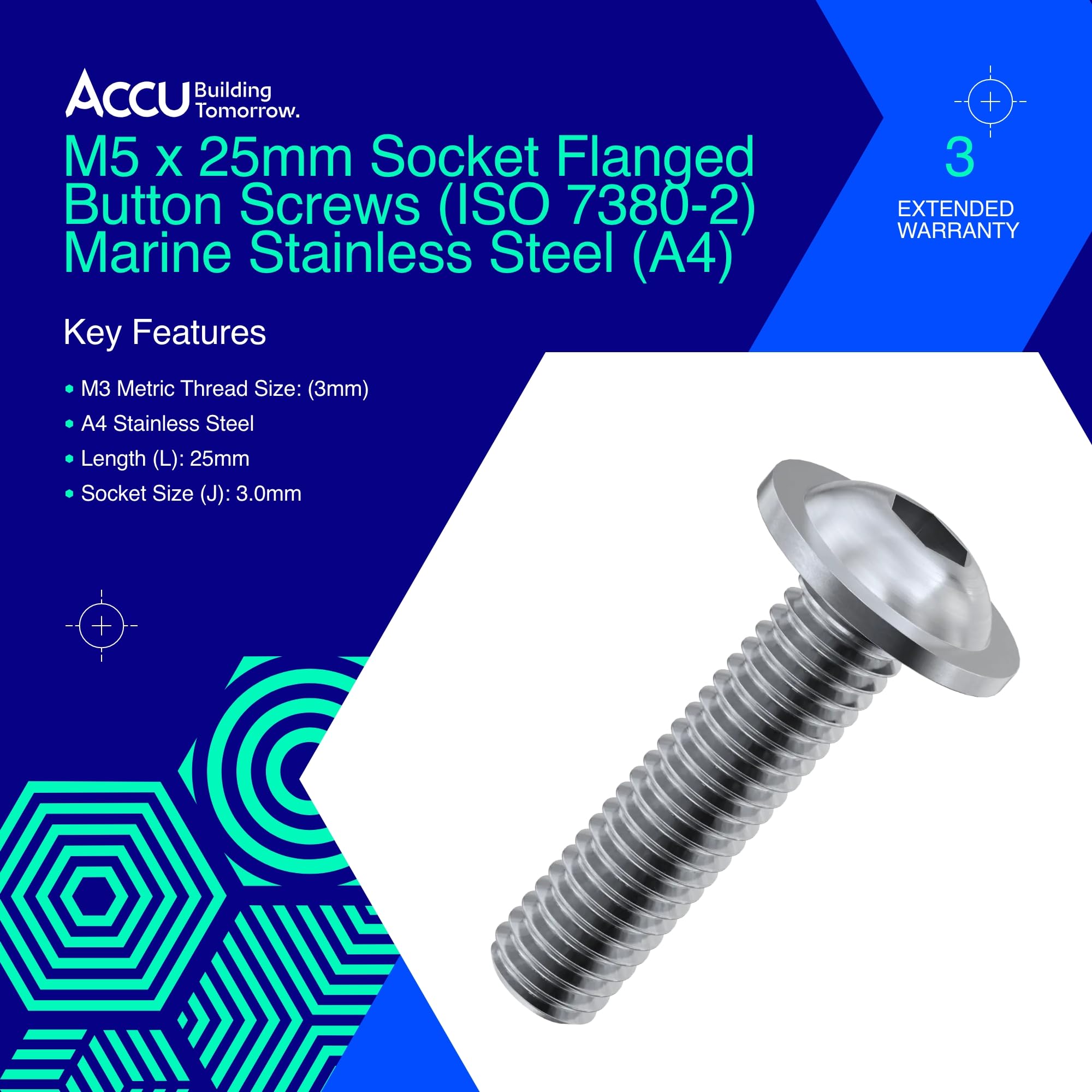 Accu - M5 x 25mm Socket Flanged Button Screws (ISO 7380-2) - Marine Stainless Steel (A4) (Pack of 20) - Image 2