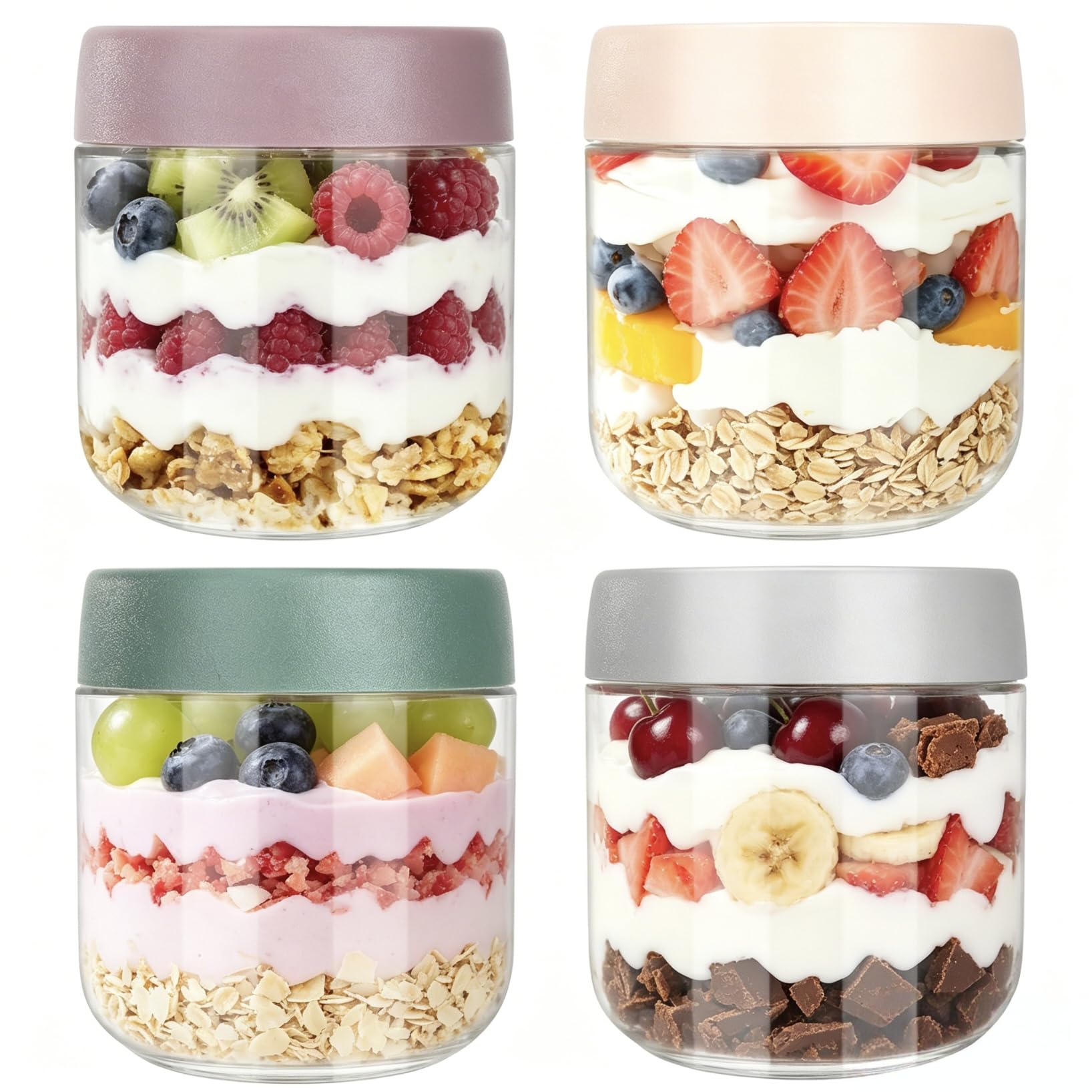 Otauoaea Pack of 4 Overnight Oats Glasses, 300 ml Overnight Oat Jars, Airtight, Meal Prep Glasses with Screw Lid, Meal Prep Glass for Smoothie, Chia Pudding, Jam, Chutney