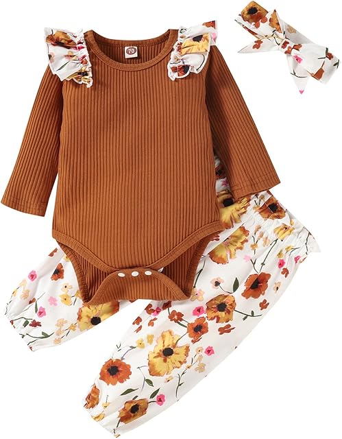 Conjunto de 3 peças para recém-nascidos, roupa floral com babados e faixas de cabelo para 0  12 meses