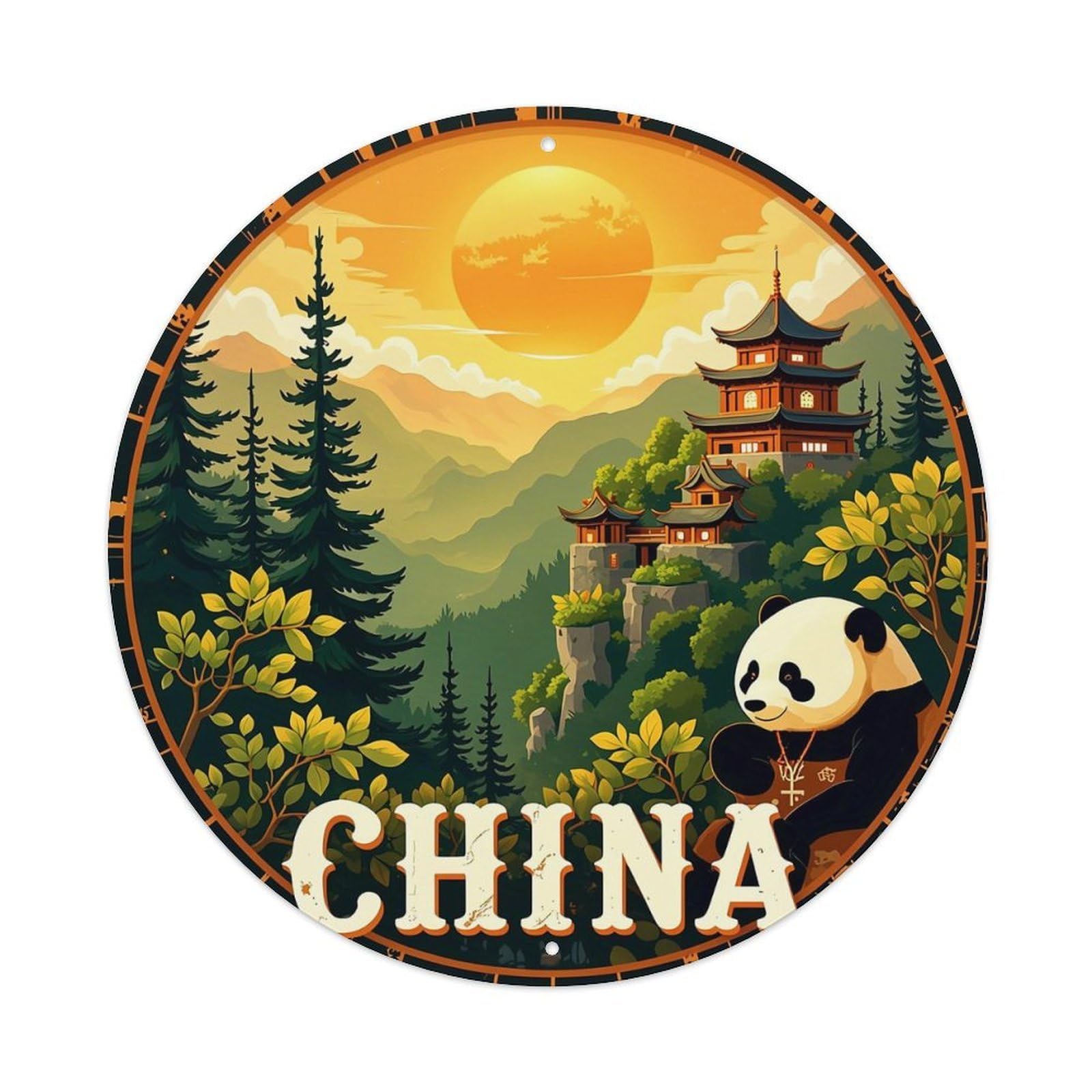 Jdyansheng Vintage Chinese Panda Temple Mountain Sunset Tin Sign Metal Poster Metal Signs For Home Man Cave Bar Cafe Kitchen Laundry Room Wall Decorations 8X8 Inches