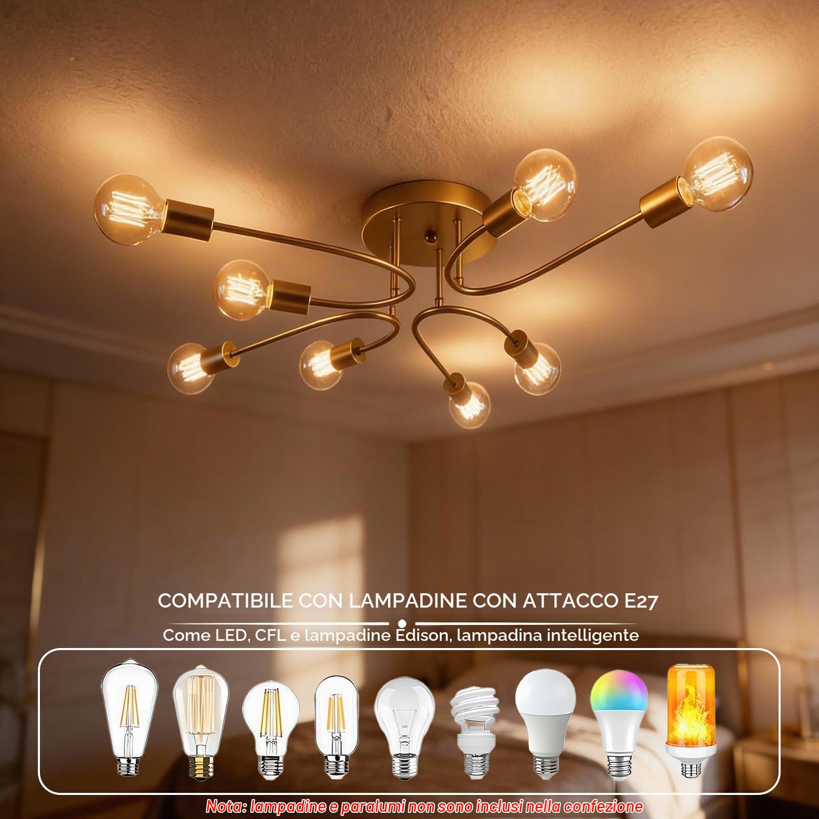 Lampadario Sputnik Oro,8 Luci Plafoniera Soffitto E27 in Metallo | Plafoniera Soffitto Placcatura Superficiale,Lampada da Soffitto per Soggiorno Camera da Letto Cucina Senza Lampadina