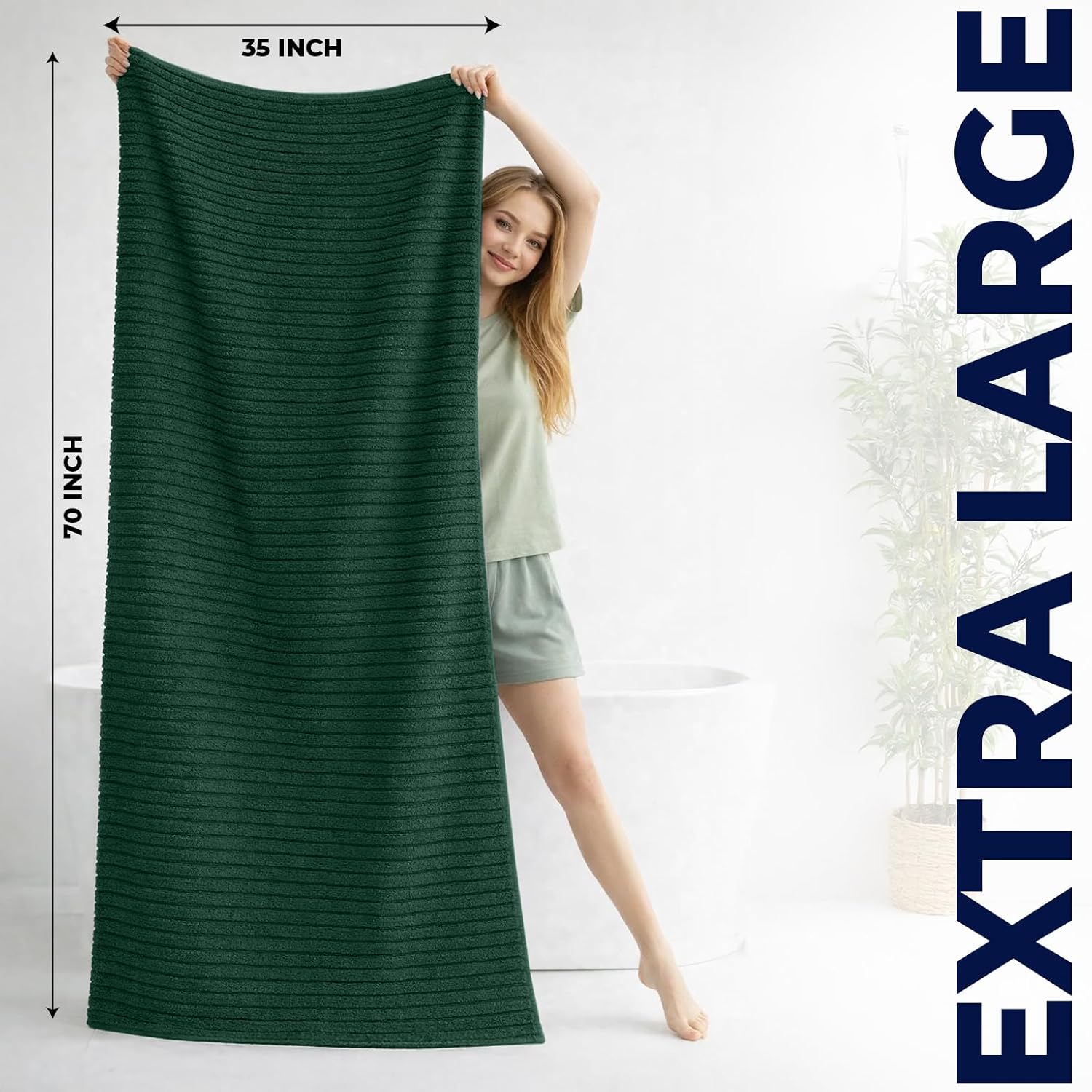 DAN RIVER Pack of 2 Bath Sheet 35x70 Inches, Ribbed Oversized Bath Towels Extra Large, Organic Cotton Towels for Bathroom - Hunter Green