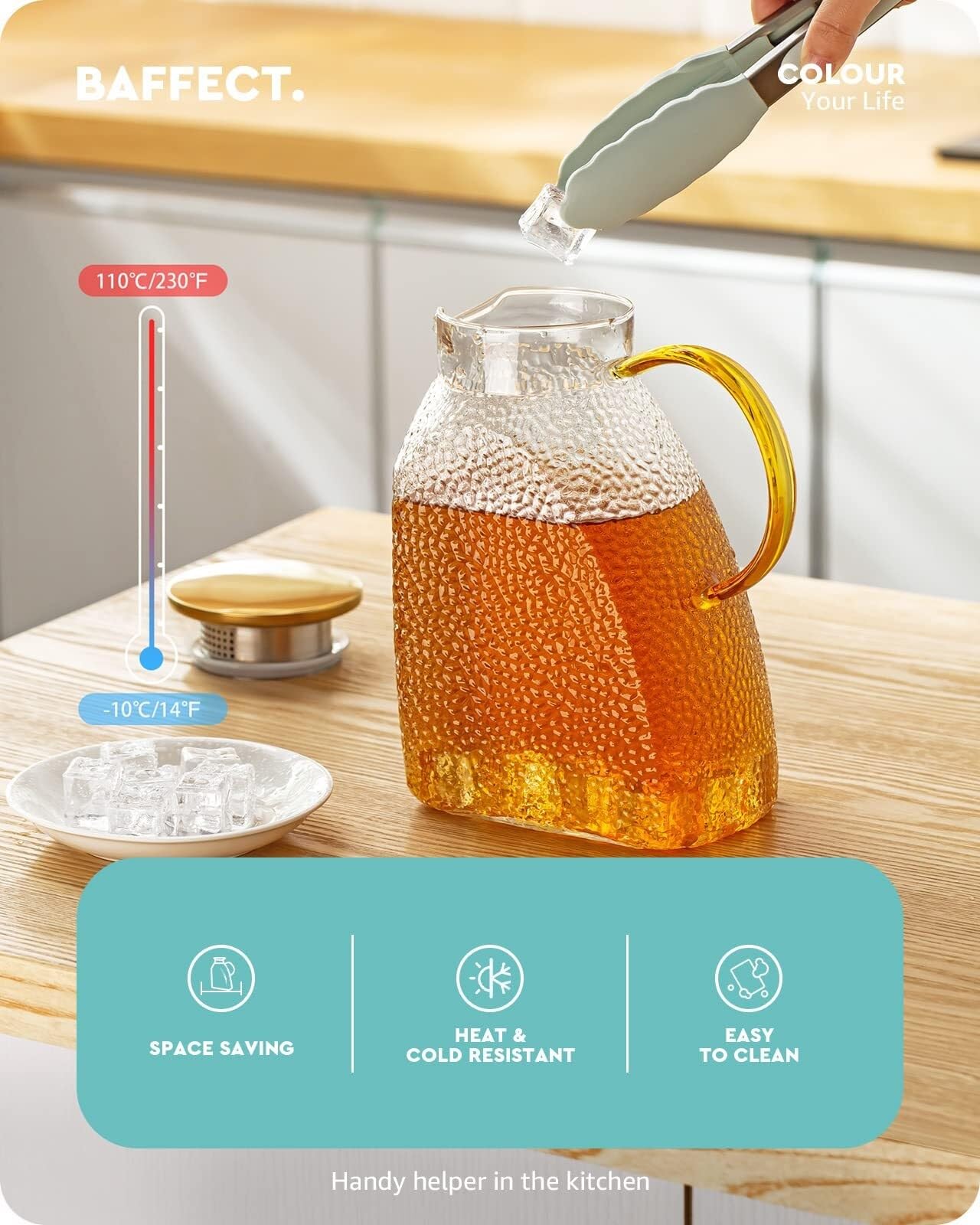 Jarra de agua de vidrio con tapa y asa, jarra de borosilicato de 1,8 L de alto para puerta de nevera, jarra para té helado caliente/frío, jugo, café, leche (patrón de martillo)