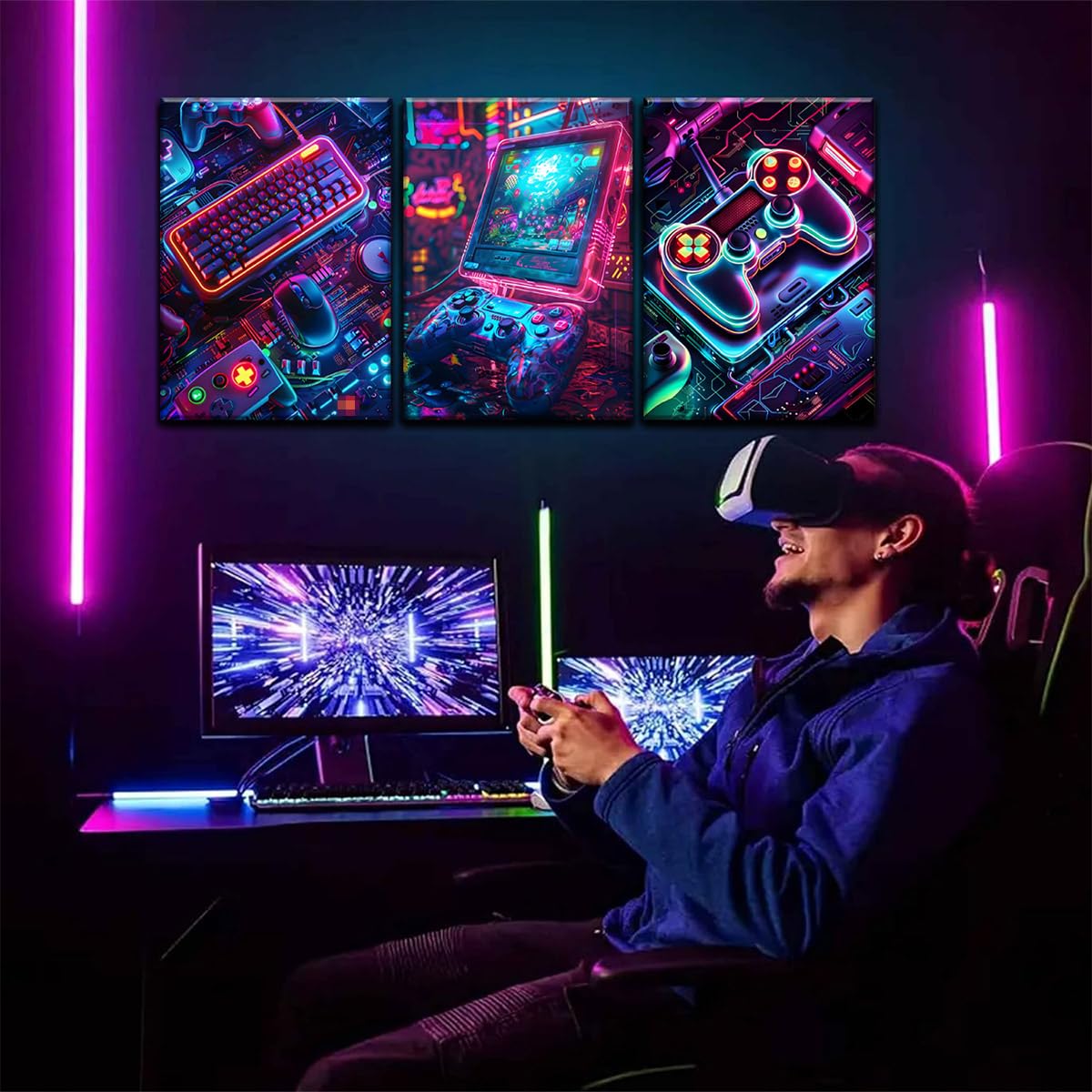 Yolbcdr Juego de 3 pósteres de neón para sala de juegos, lienzo de videojuegos, pintura de letreros, sala de juegos, imágenes geniales, decoración de pared para niños, adolescentes, hombres,