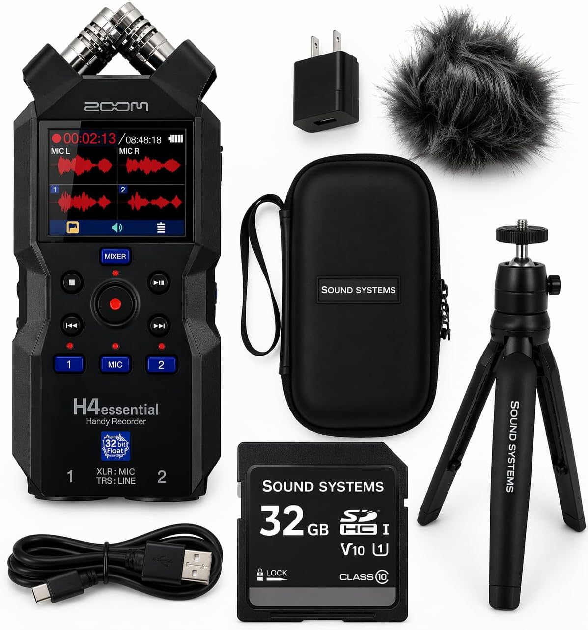 Zoom H4essential 4-Track 32-Bit Float Portable Audio Recorder Bundle with APH-4e Accessory Pack, Hairy Windscreen, Case, AC Adapter, 32GB SD Card, Mini Tripod