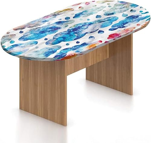Mantel ovalado ajustable, moderno mantel de poliéster elástico, mantel ajustable con estampado artístico de gotas de lluvia y nubes, se adapta a