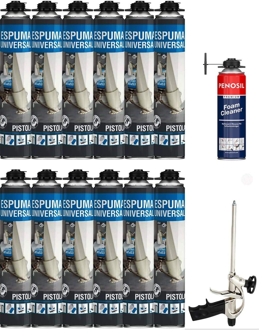 Espuma expansiva de poliuretano 695 ml – Lote de 12 espumas de poliuretano multiusos + 1 pistola + 1 limpiador – Especial para obras – Calidad profesional