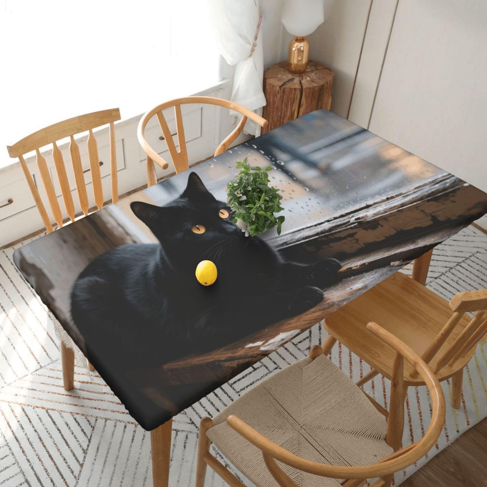 Fodpand Black Cat Spandex Fitted Tablecloth For 5 Foot Rectangle Tables,Waterproof Picnic Table Cover Stretch Table Cloth Washable Table Protector For Picnic, Camping, Outdoor