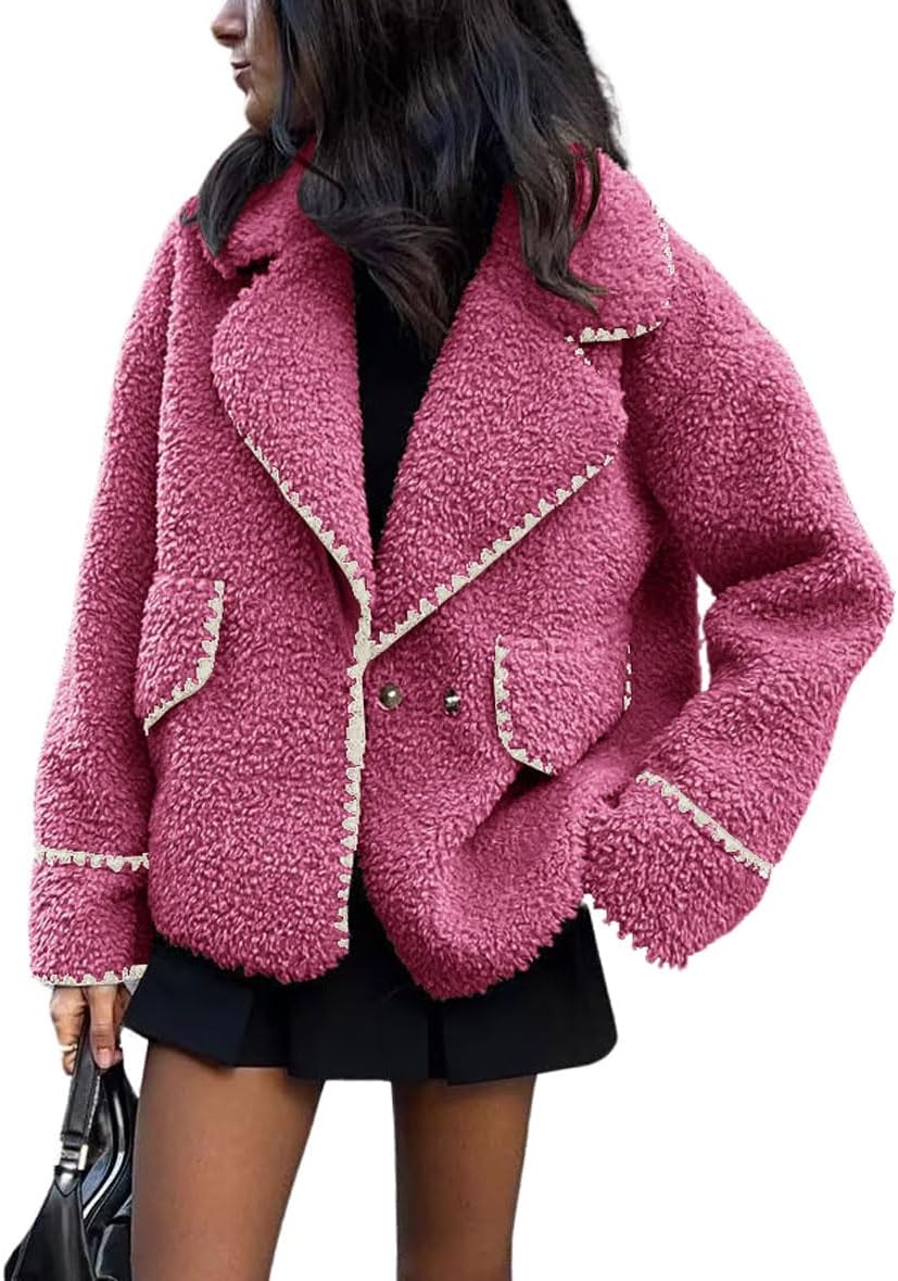 Women's Fuzzy Fleece Embroidered Jacket Notch Lapel Winter Faux Fur Sherpa Jacket Coat