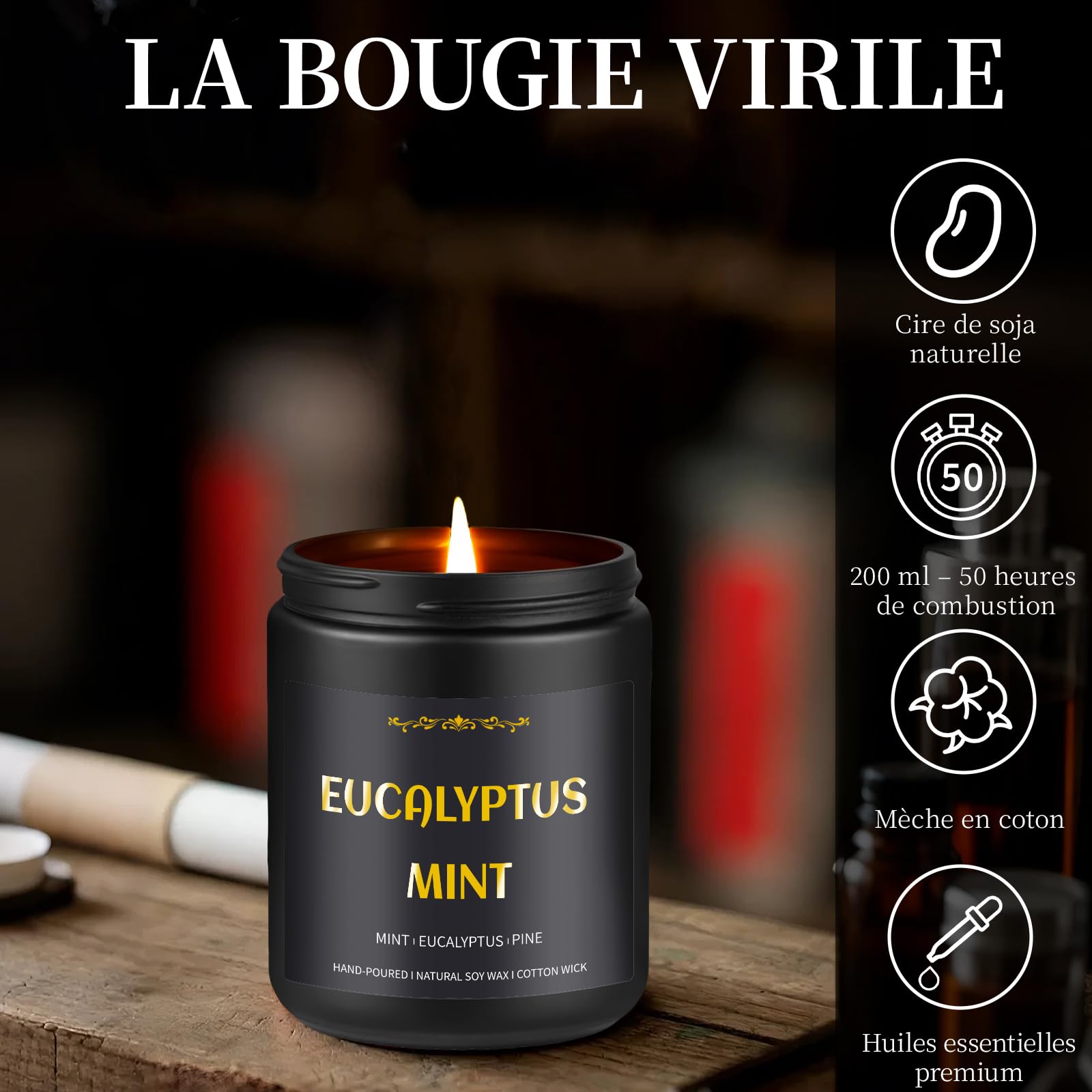Bougies Parfumées pour Hommes Lot de 4, Bougies de Soja 790 ml, 200 Heures de Combustion, Lavande/Eucalyptus/Cuir/Chêne