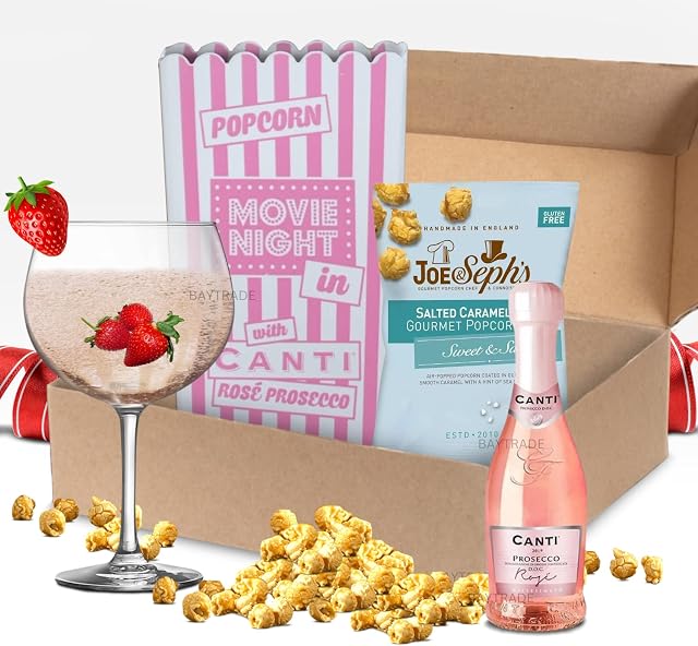 Prosecco gifts for women - Movie Night Hamper - Rose Pink Prosecco Sparkling Wine Gift Set - 2 x 20cl mini prosecco bottles and 50g sweet popcorn hamper