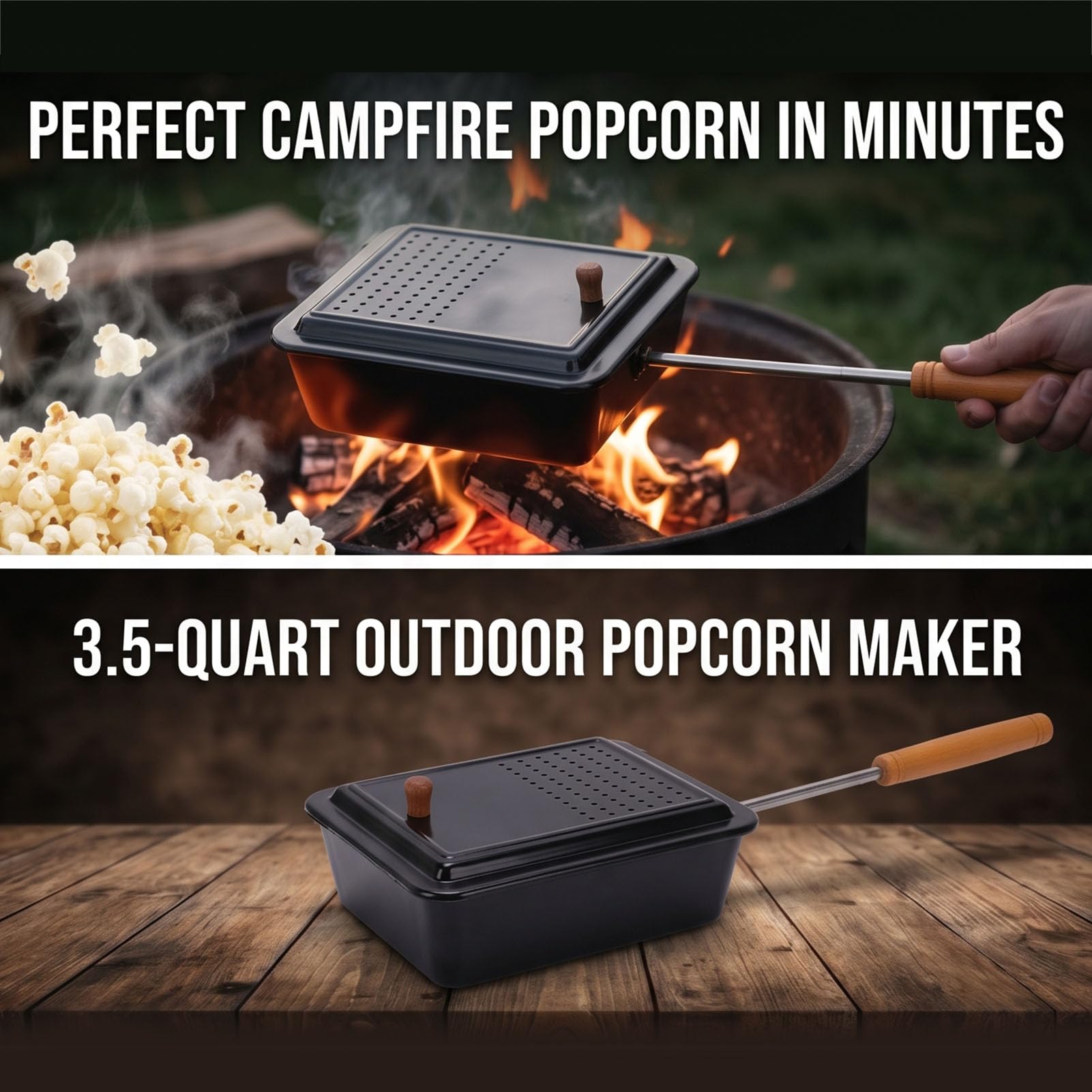 Camping Popcorn Popper Antiadhésif Manche en Bois Foyer Batterie de