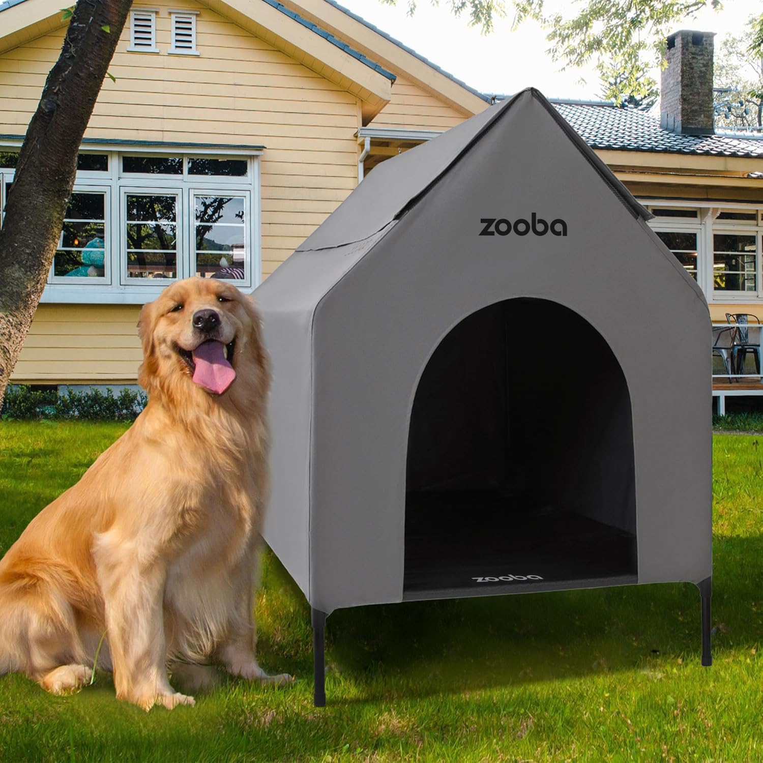 Photo 1 of Zooba 29" 2-in-1 Dog House for Medium Dogs, Elevted Dog House Outdoor/Indoor, Weatherproof Elevated Pet Shelter, Breathable Mesh & Steel Frame, Easy to Assemble & Clean(Grey)