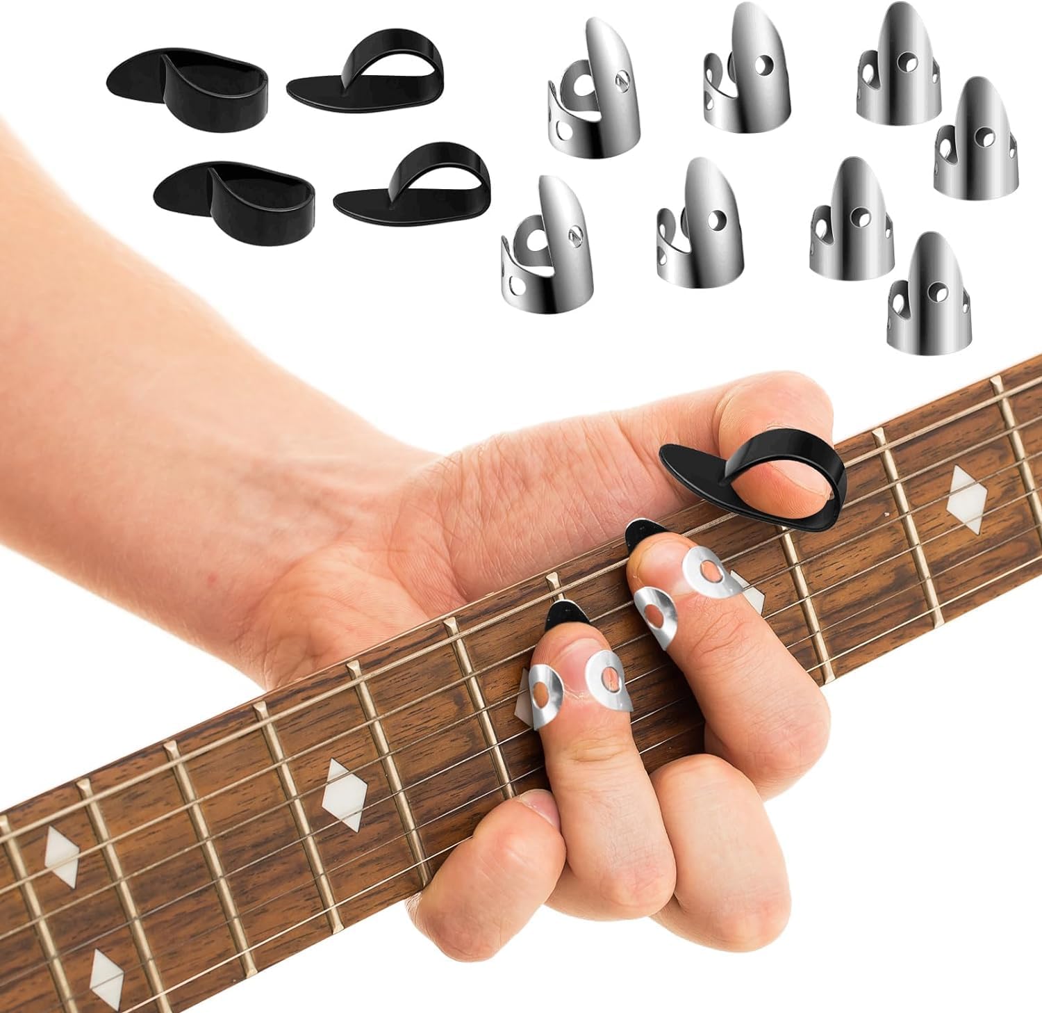 Adjustable Finger Thumb Picks Set, 12pcs Thumb and Finger Picks Pack, Including 8pcs Stainless Steel Finger Picks and 4pcs Plastic Thumb picks for Guitar, Banjos and Other Instruments
