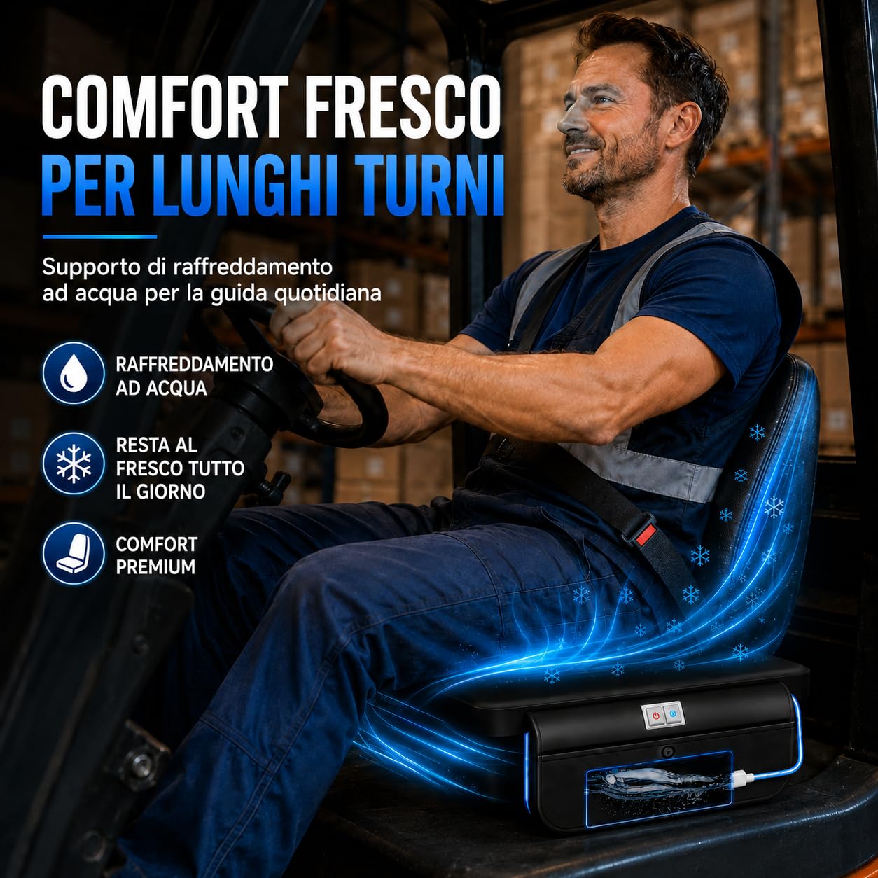 Cuscino raffreddato ad acqua con ventola | 3 livelli di velocità, raffreddamento fino a 27 °C, USB/12 V/24 V, per auto e ufficio