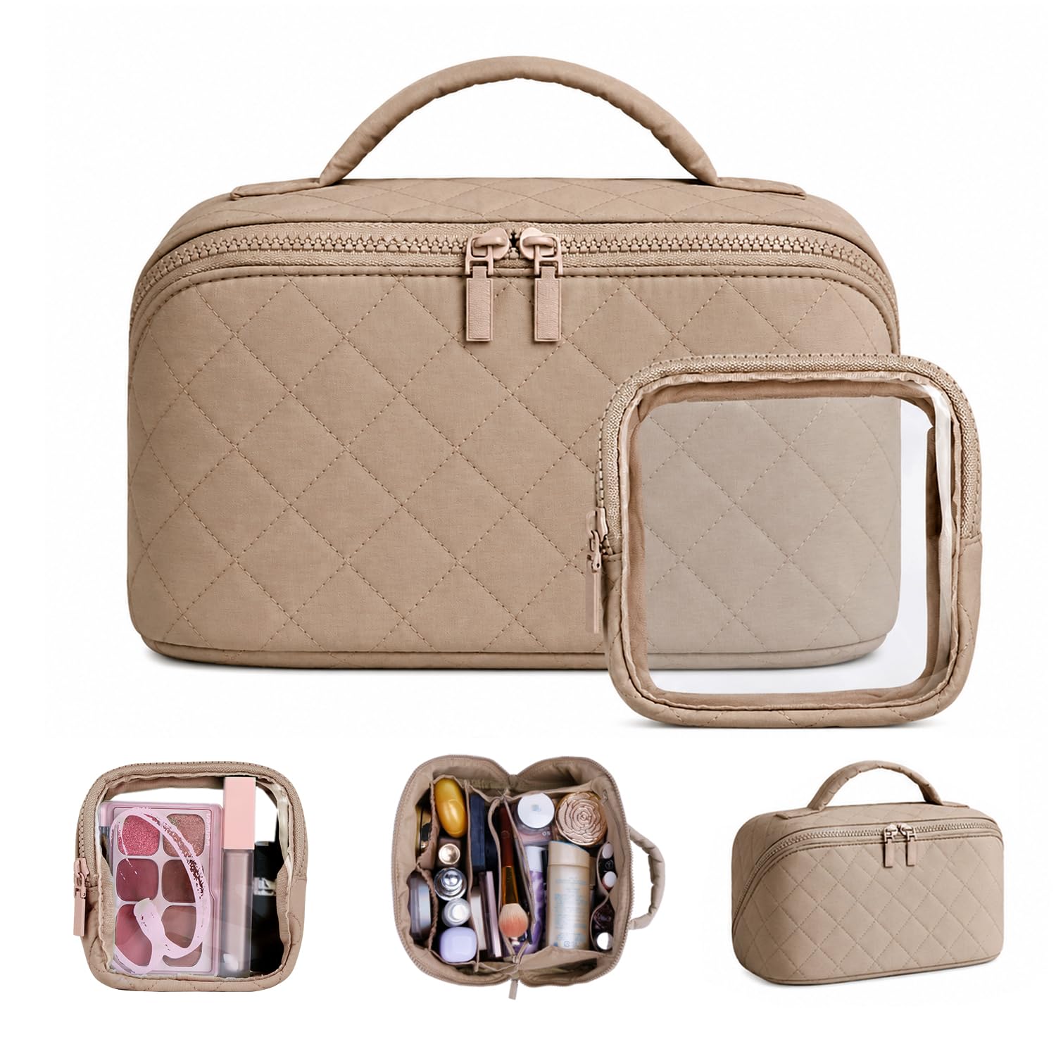 Batfield Makeup Pouch Bag for Women, 2Pcs Waterproof Puffer Set with 180° Flat Open, Travel Large Capacity Makeup Bag for Women with Brush Compartment & Handle for Vacation, Business Trip (Khaki)-image-42