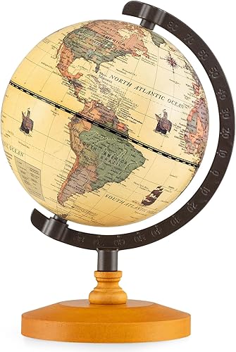 Globo del mundo de 6 pulgadas, mini globo antiguo con soporte de metal, base de madera antideslizante y marcas geográficas, globos decorativos de