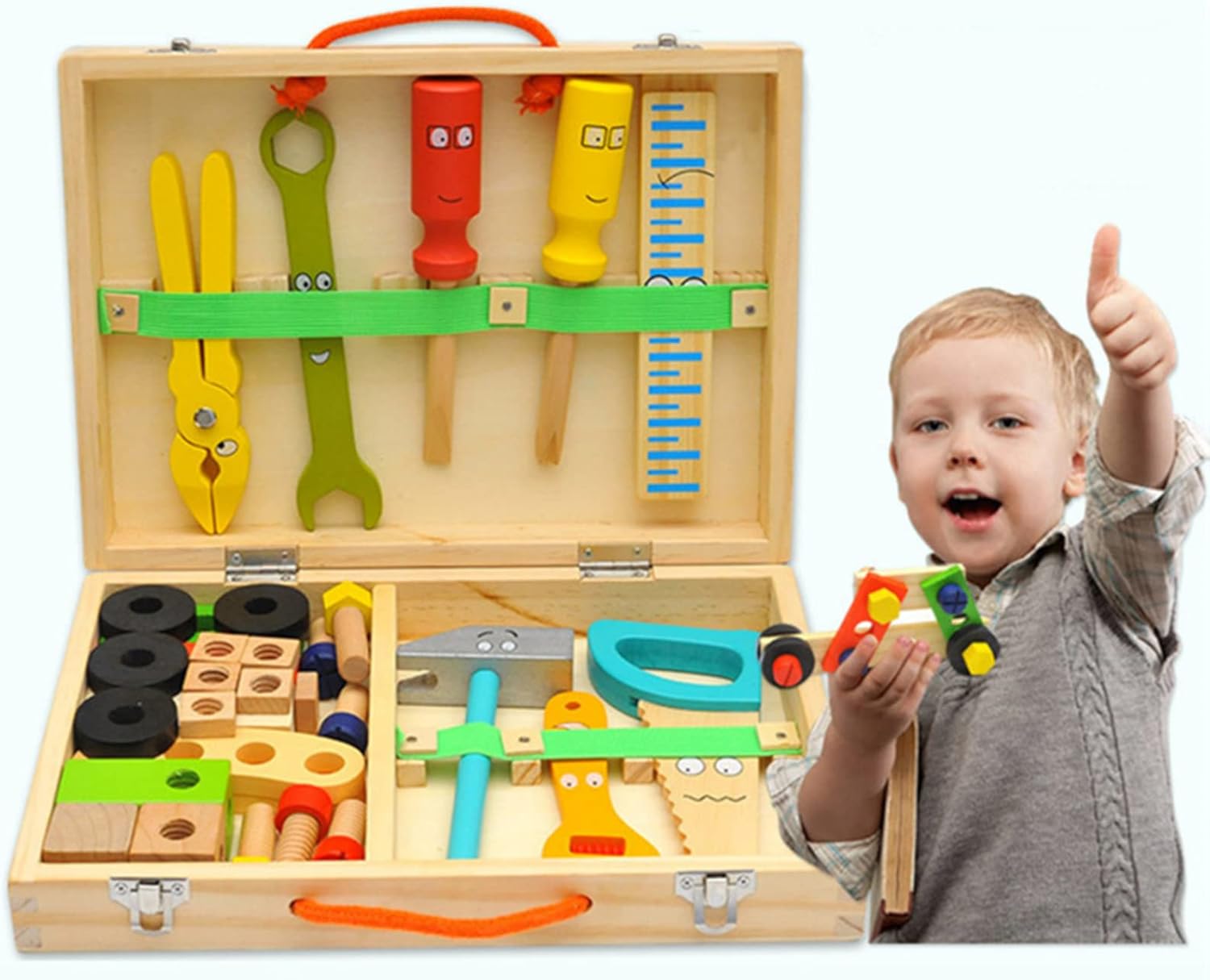 AM ANNA Wooden Kids Tool Set, 34 PCS Toddler Tool Set with Tool Box of