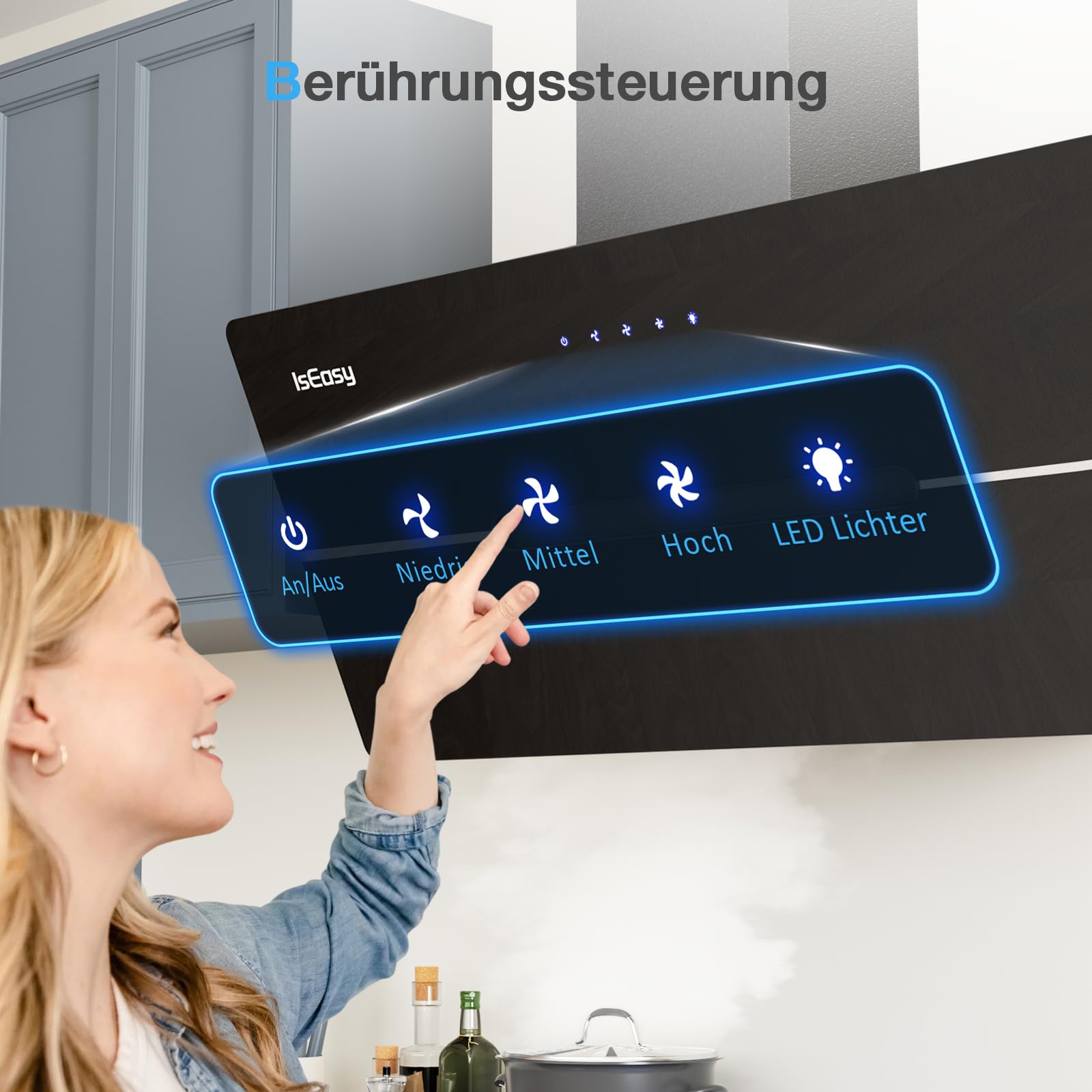 IsEasy Dunstabzugshaube 90 cm, Dunstabzugshaube Umluft mit 578 m³/h Starker Saugleistung, 3 Einstellstufen, Abluft/Umluft, Touch-Bedienung, 58 dB, Schwarz, Effizienz A++