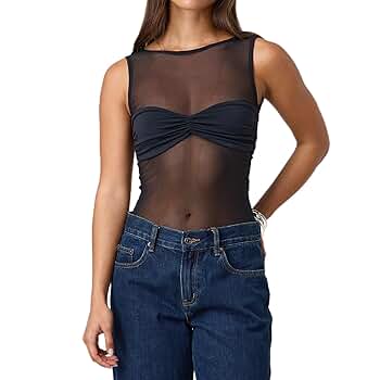 Women Sheer Mesh Tank Top Sleeveless See Through Camisole