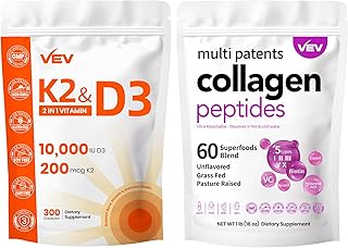 VEV Multi Collagen Peptides Powder, 1lb - Types I, II, III, V, X & Easily Dissolves Vitamin D3 K2 Softgels - 10,000 IU D3...