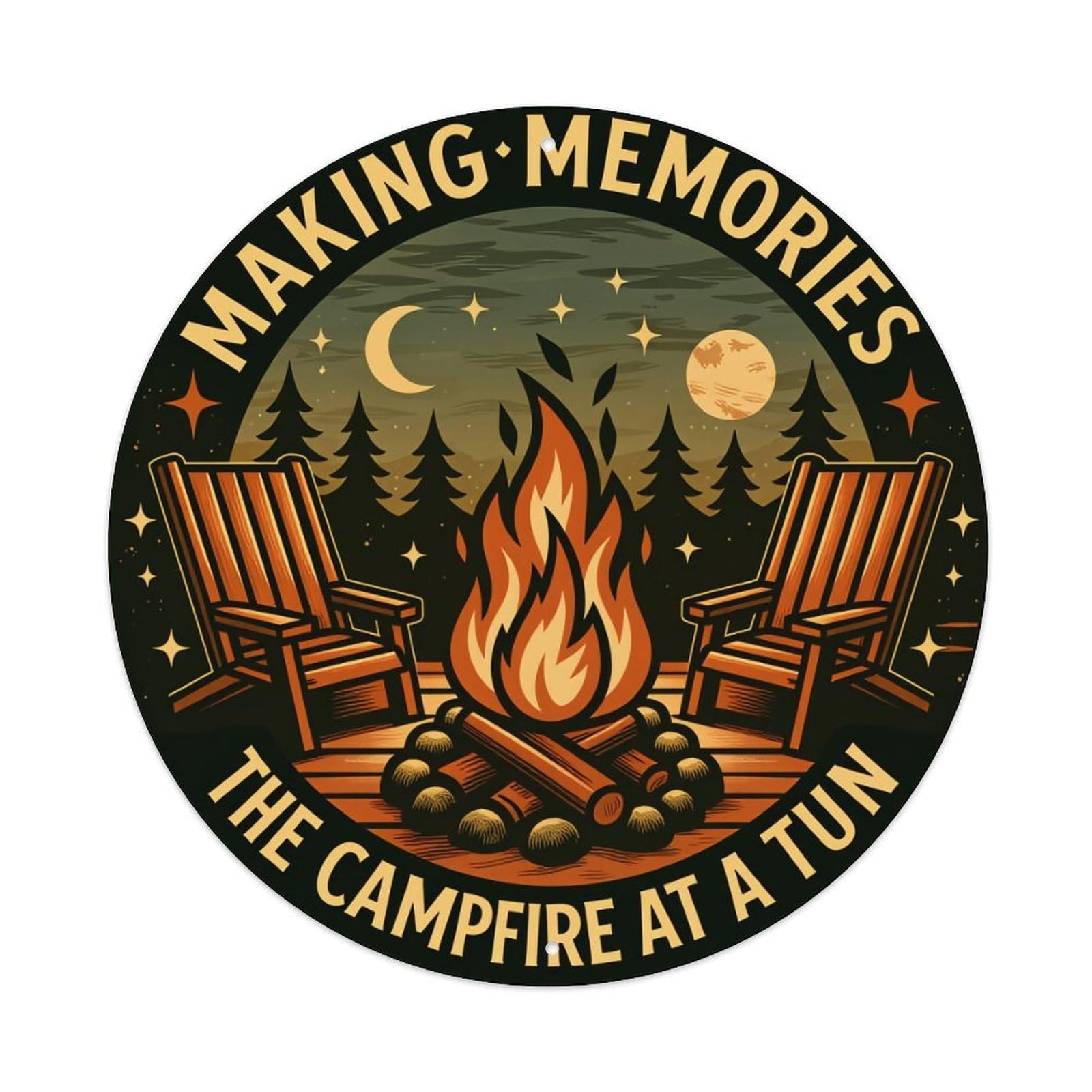 Campfire Night Stars Trees Chairs Round Tin Sign Vintage Style Metal Sign Home Bar Garden Wall Plaque Decor Metal Poster 8x8 Inch
