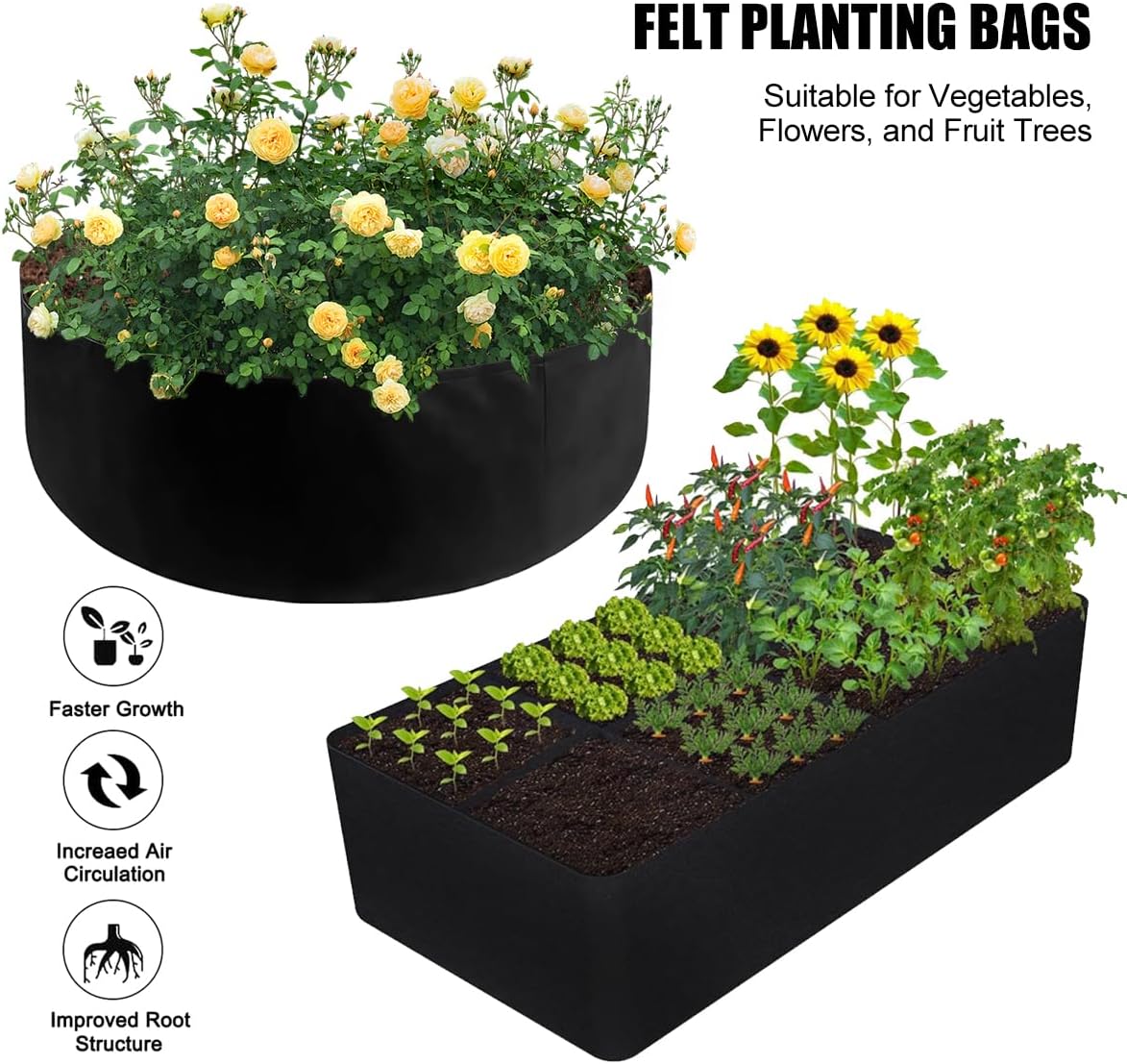 (2 Pack) 128 Gallon Rectangular Planting Bags and 50 Gallon Round Flower Bed Planting Bags, Suitable for Growing Vegetables, Potatoes and Flowers in The Garden