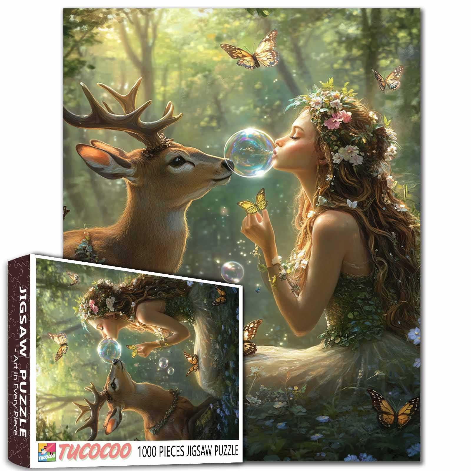 Elf and Deer Jigsaw Puzzles 1000 Pieces Fairy Angel Art Jigsaw Puzzles for Challenging Family Games Forest DIY Handwork Puzzle for Home Wall Decor Gifts Game Nights 20x27 Inches