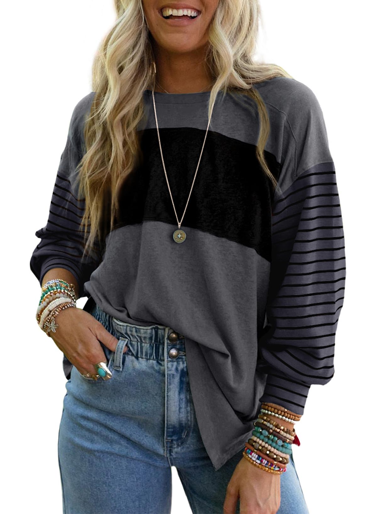 Dokotoo Damen Langarmshirt Rundhals Gestreiftes Sweatshirt Casual Locker Longsleeve Shirt Mode Farbblock Oberteile Pullover Tops S-2XL