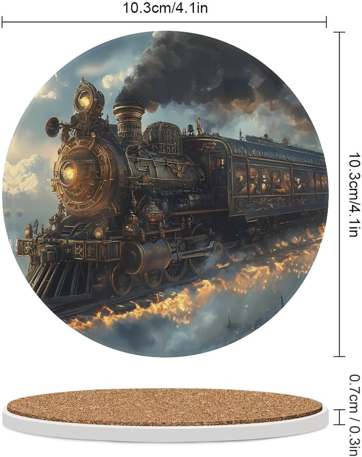 Steam Punk Train Round Ceramic Coasters Print Drinks Absorbent with Cork Base for Home Decor Gifts 4 Inch